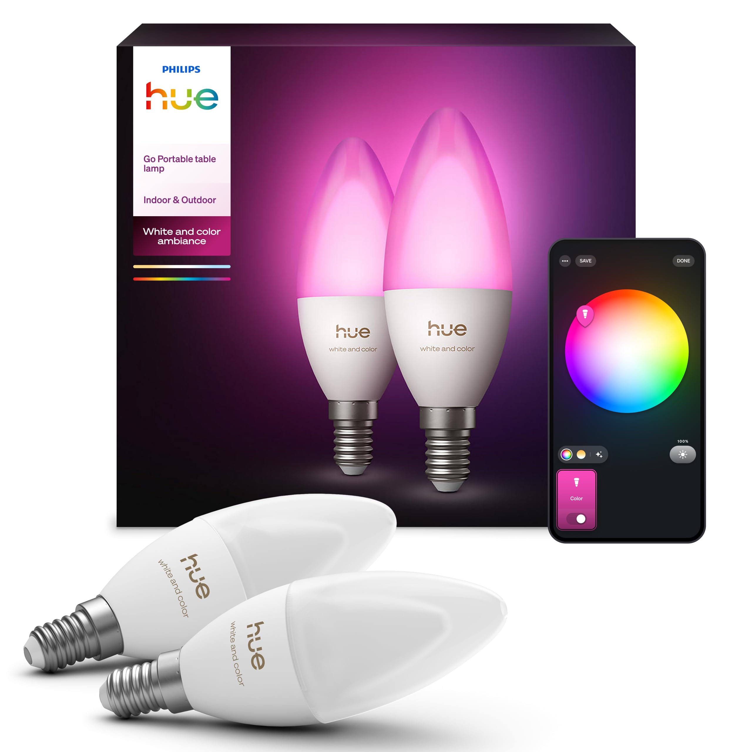 Philips Hue 5.3W B39 E14 Colour Smart LED 2-Pack Bulbs