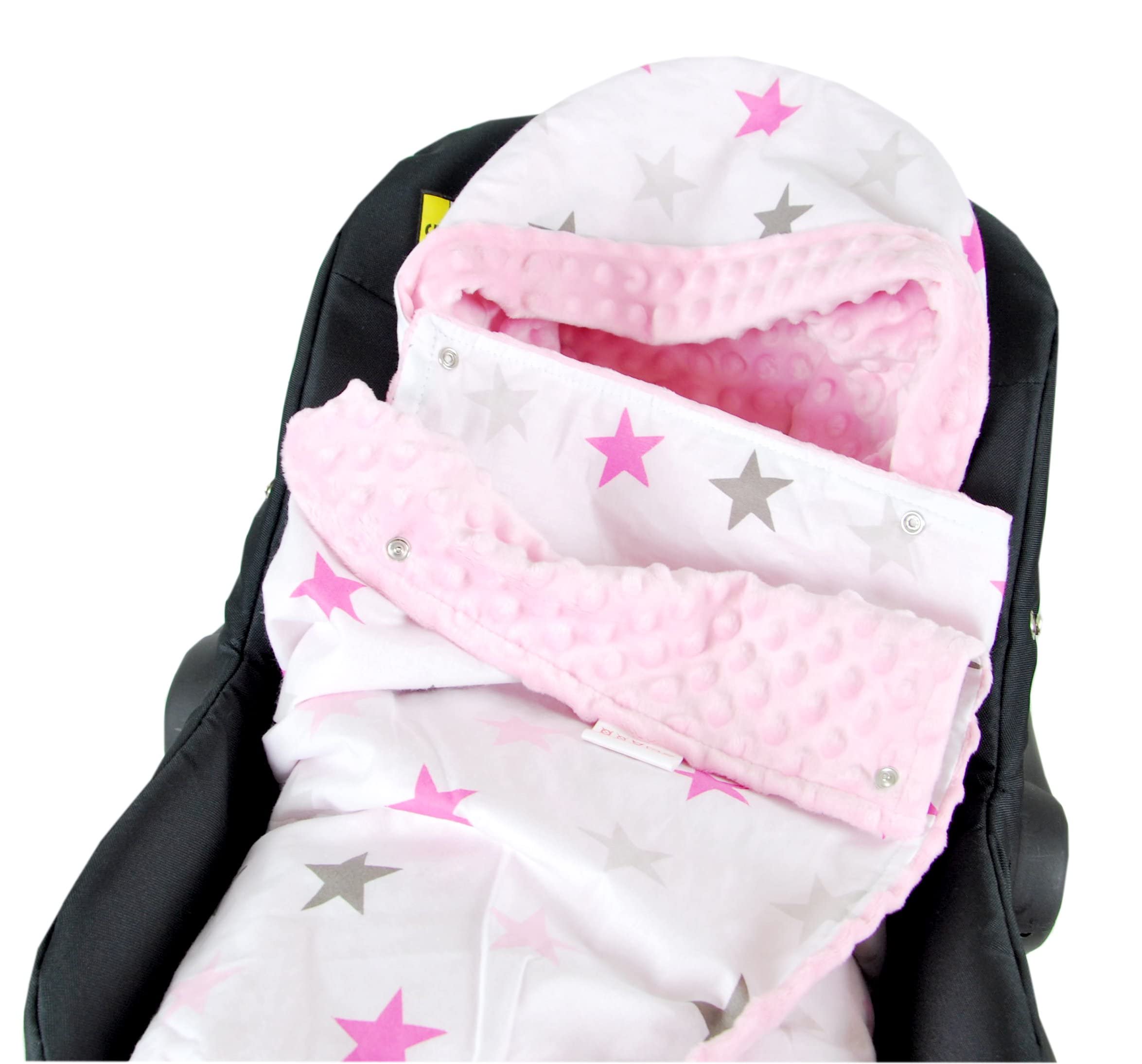 Babylux Baby EINSCHLAGDECKE 90 x 90 cm Einlage Babyschale Kinderwagen Buggy Decke Autoschale Autositz Minky Baumwolle 3-Punkt-Gurt Kleinkind Babydecke (10. Rosa + Sterne)