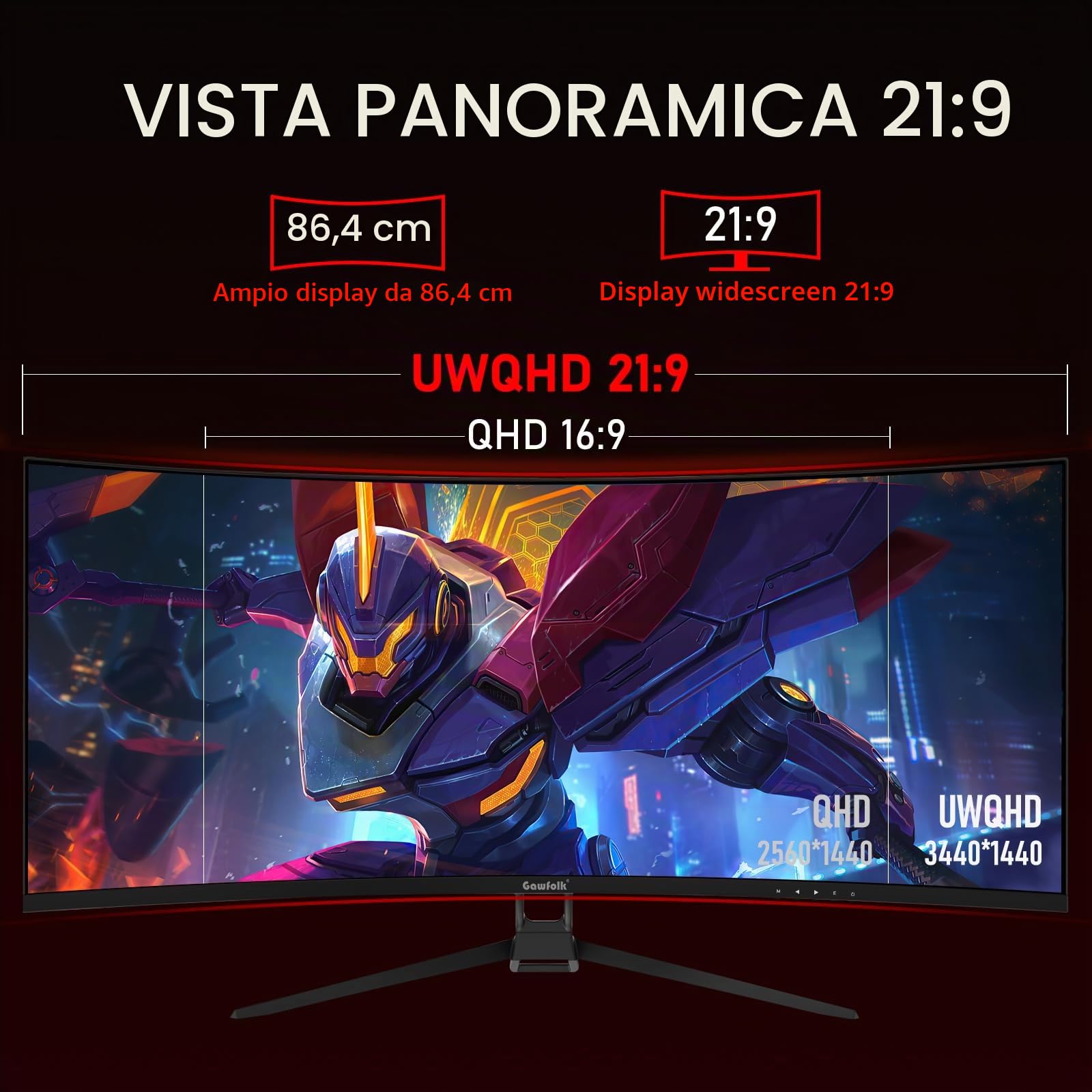 Gawfolk Monitor per computer da gioco curvo da 34 pollici, 144 Hz, schermo PC 1500R 21:9 UWQHD (3440 x 1440), sincronizzazione adattiva, angolo di visione 178°, HDMI, display port, compatibile con