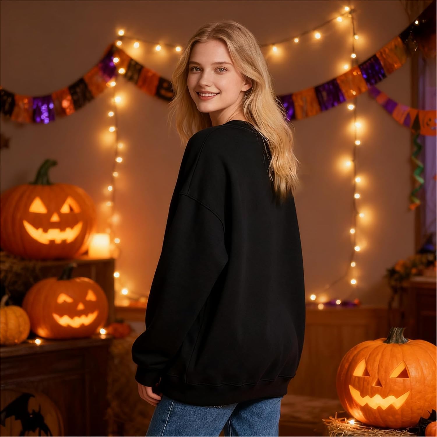 Halloween Sweatshirts for Women - Oversized Ghost Pumpkin Lantern Candy Pattern Round Neck Casual Long Sleeve - Image 5