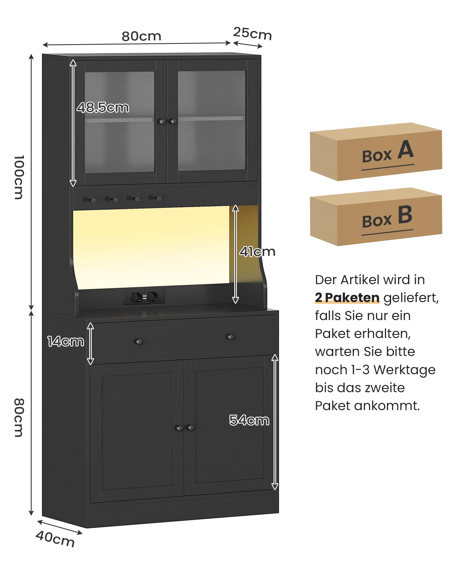 KIMENICH Küchenschrank mit Arbeitsfläche, Buffetschrank mit Schublade, Sideboard mit LED, Steckdose, Glasschranktür, Verstellbare Ablagen, Küche, Wohnzimmer, Esszimmer, Schwarz