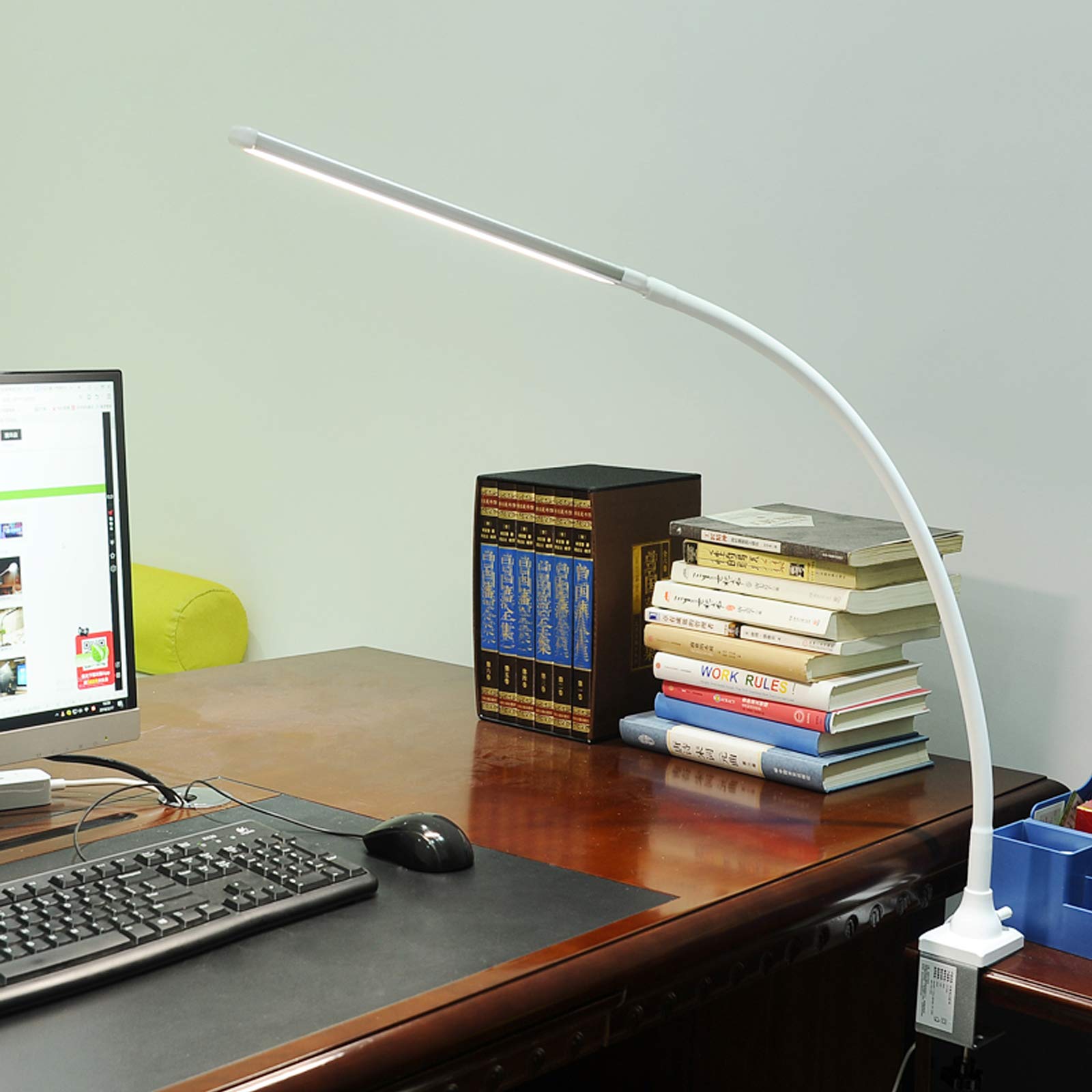 QJUZO Lampa zaciskowa LED, 12 W, lampka zaciskowa do łóżka, dotykowa 5 jasności, możliwość ściemniania, 360°, elastyczna biała lampa typu łabędzia szyja, 4000 K, lampka do czytania, biura, książki,
