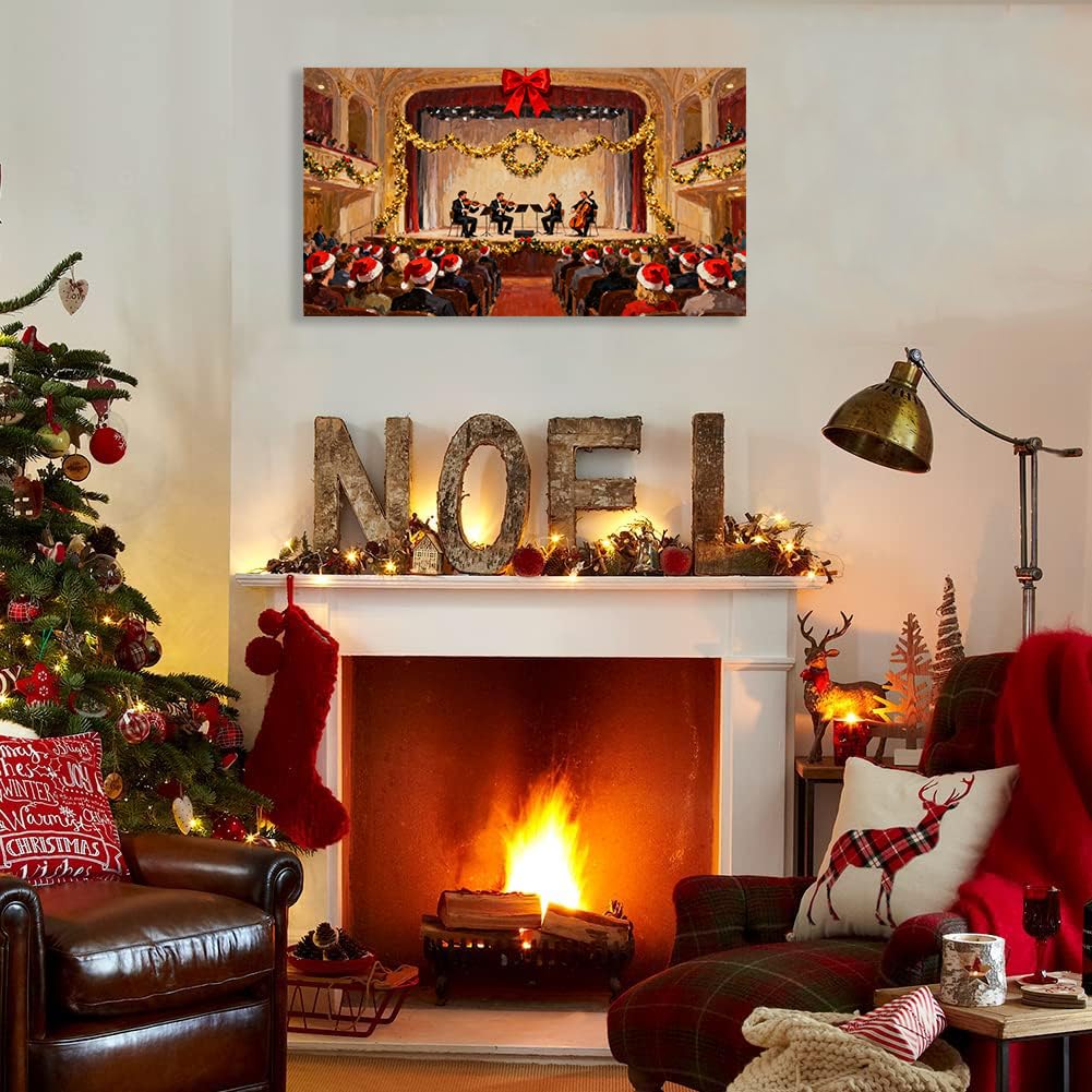 Hau3sh3a Quadro Natale per pareti Stampa su tela con Concerto Celebrazione della Gioia poster Decorazione murale Natale per Per salone cucina camera Regalo festivo 70x120cm(28x47in) Senza telaio