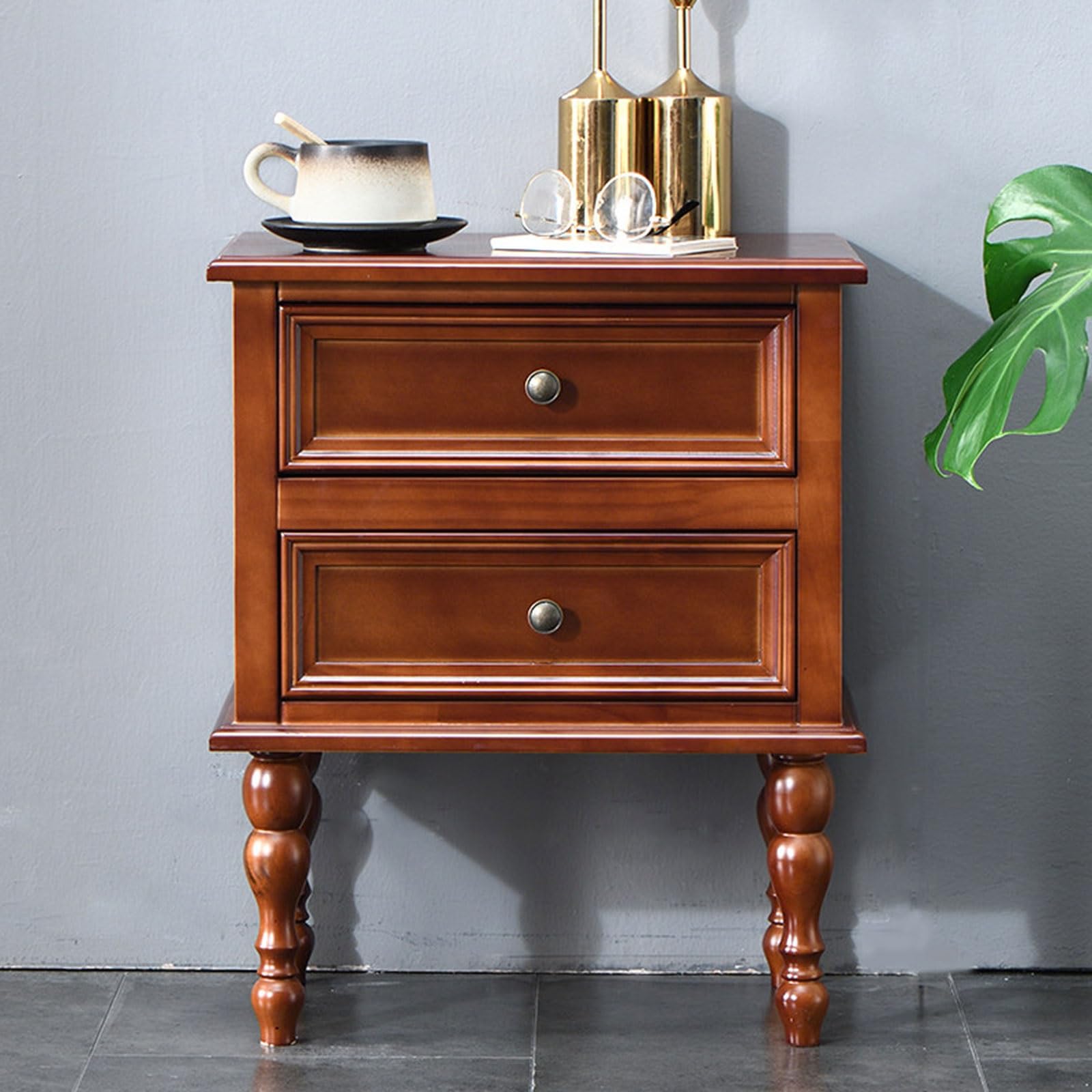 Table d'appoint en bois marron meuble de chevet style campagnard avec tiroirs