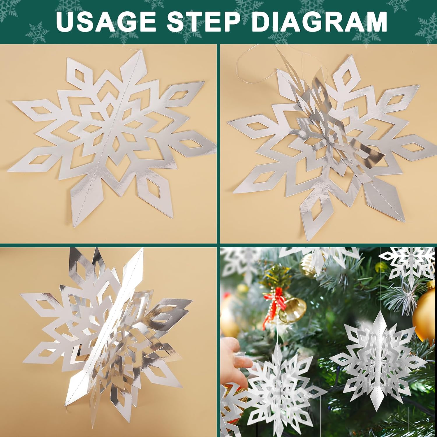 24 PCS Winter Christmas Hanging Snowflake Decorations, 12PCS Hanging 3D Silver Snowflakes and 12 PCS 3D Snowflake Garland for Christmas, New Year's and Winter Wonderland Holiday Party Decorations