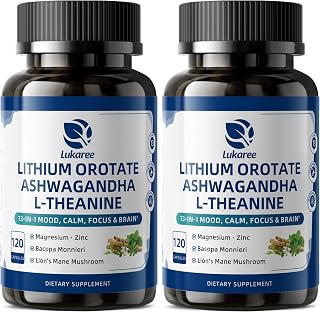 Lithium Orotate 5/10mg, Mood & Brain Supplement, 120 Capsules, 2 Months | 13 in 1 with Ashwagandha, L-Theanine, Bacopa, Lions Mane, Magnesium, Zinc D3 B6 Folate B12 for Calm Focus, Cognitive & Energy