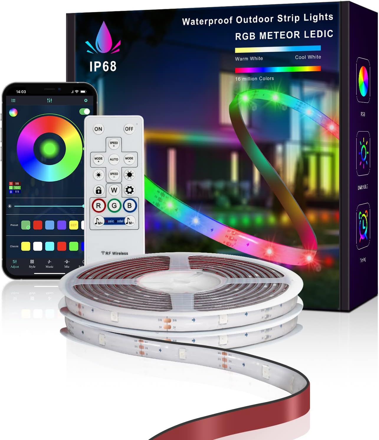 HRDJ 32.8FT Led Strip Lights LEDIC Waterproof IP68, Chasing Effect & Music Sync Outdoor RGB Outdoor Led Light Strip with App Control and Remote,Color Changing Rope Lights for Garden,Stairs Decor