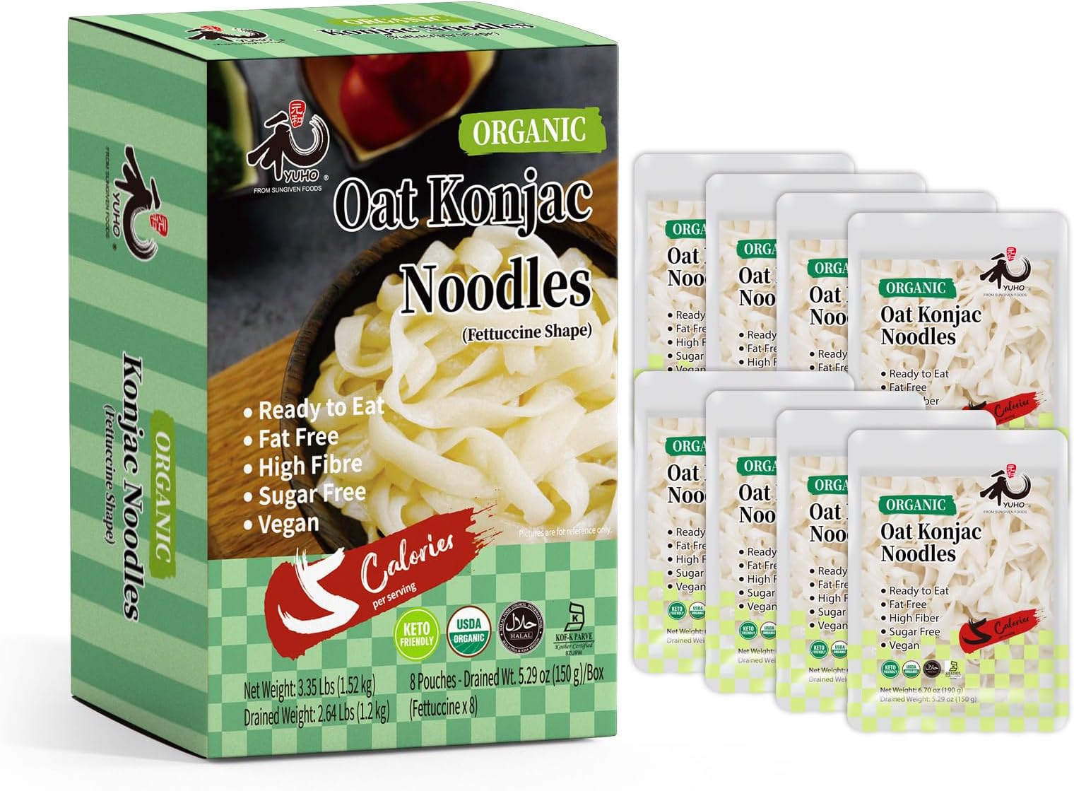 YUHO Organic Konjac Shirataki Noodles Fettuccine 8 Pack Oat Ready to Eat Noodles Vegan Gluten Free Low Carb Calorie Sugar Free Plant-Based Soy Free Paleo and Keto Friendly 53.61 Oz