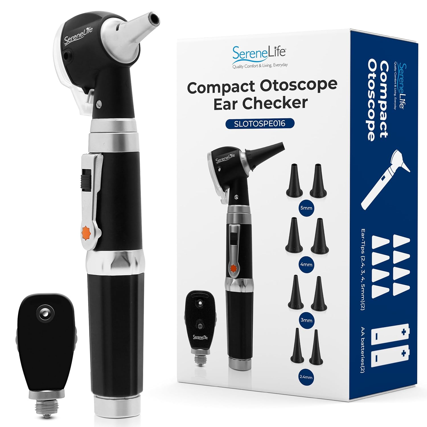 SereneLife 2-in-1 Ophthalmoscope & Otoscope Set | Perfect for Inspecting Ears, Mouth & Nose | Multi-Aperture Diaphragm Wheel & Battery Powered | Includes 4 Reusable Washable Tips | for Family & Pets
