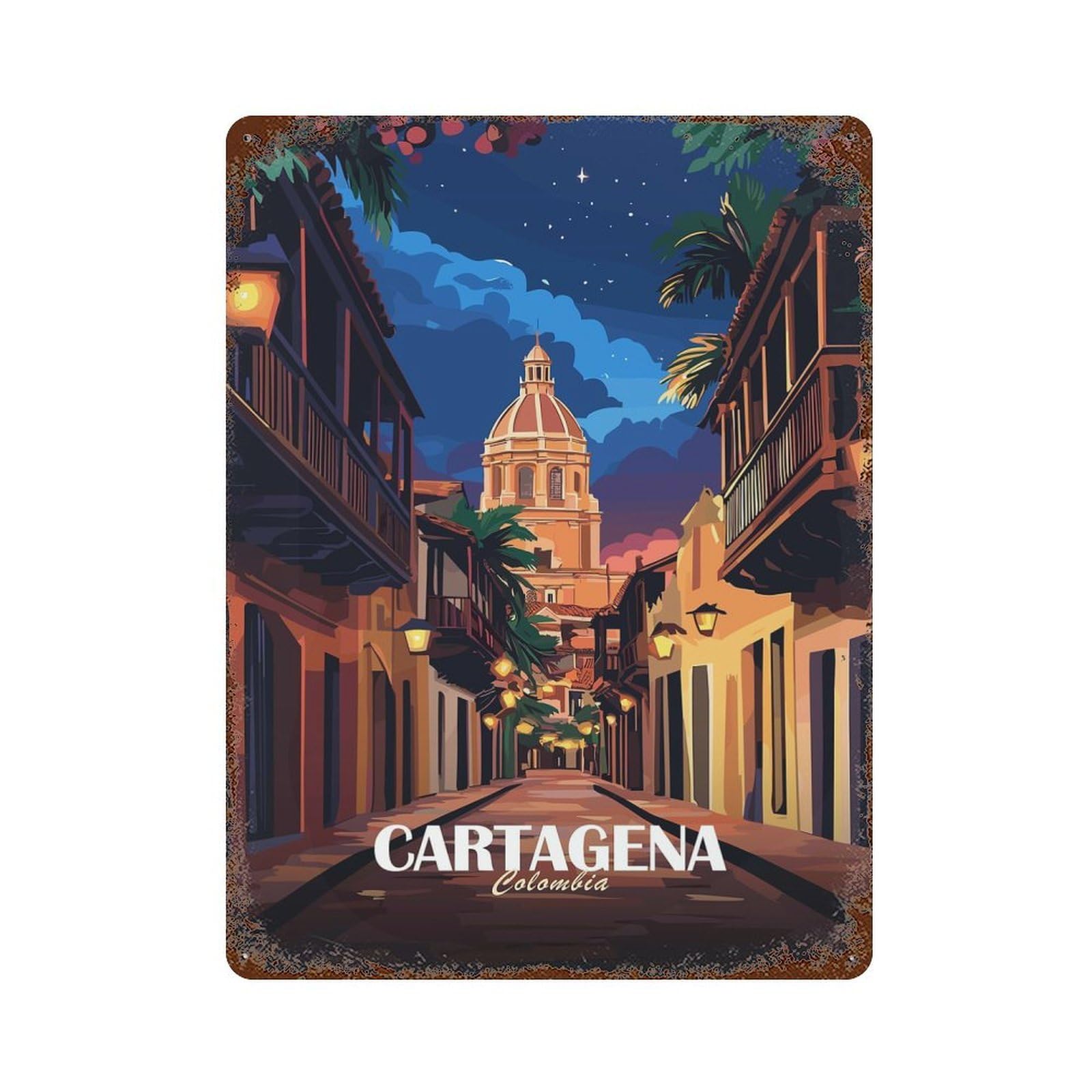 Garage Style Cartagena, Colombia Street at Night Vintage Rust Metal Sign 15.7"x11.8", Industrial Home Decor for Bar And Workshop