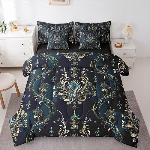 Erosebridal Gold Damask Comforter Set 7 Piece Bed in a Bag Twin Gothic Bedding S