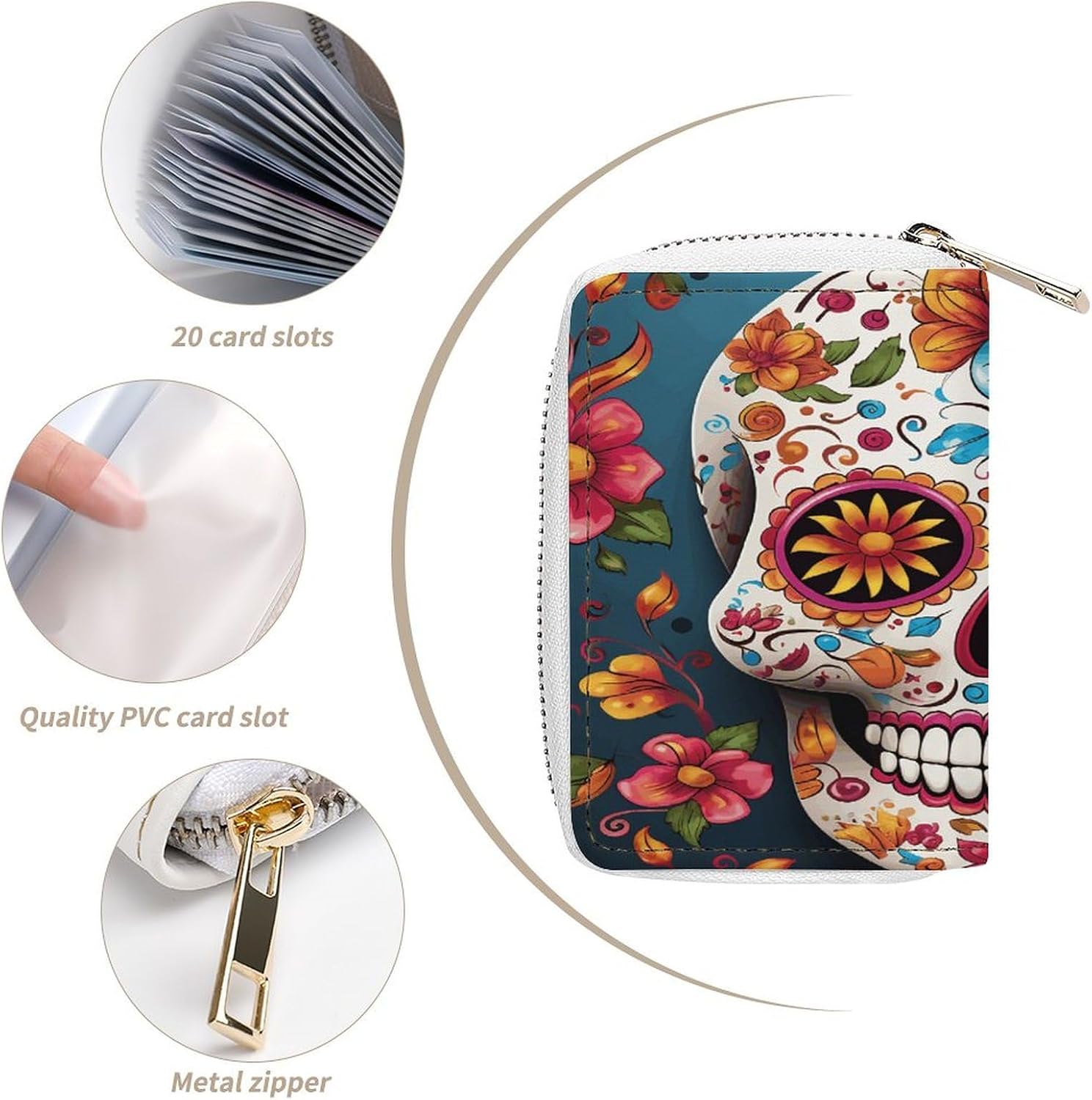 Leather Card Organizer Case Card Wallet Credit Card Holder Colorful Sugar Skull Printed Zipper Card Cases Holder for Women Men