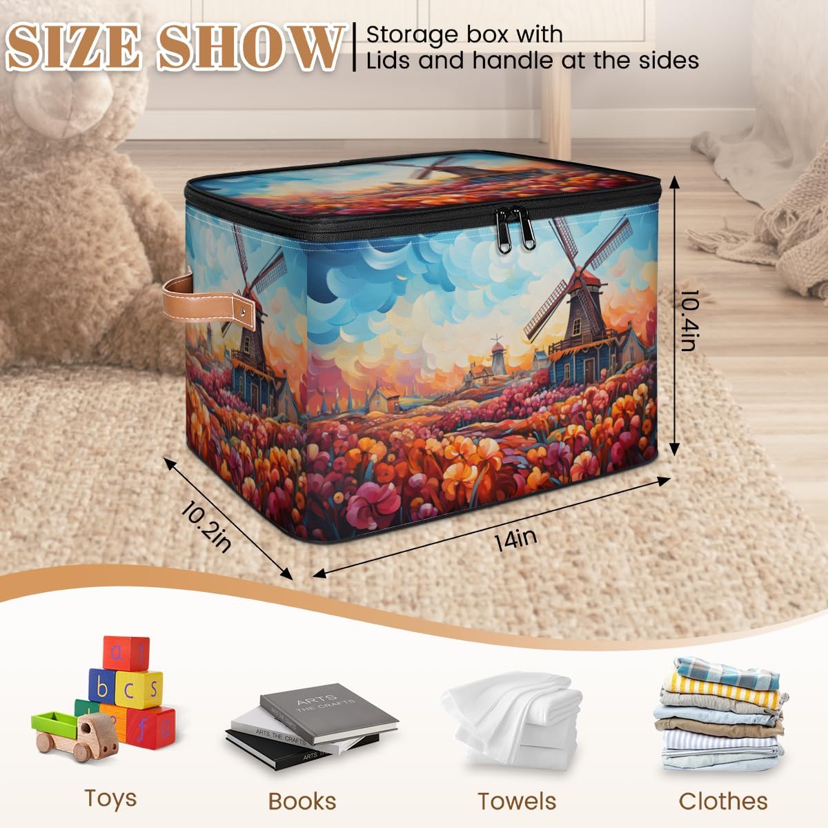 Storage Bin Set of 2 Oil Painting Windmill Storage Basket with Zipper Lid & Handle Foldable Closet Shelf 2 Pack Cloth Organizer Basket Cube Bins Clothes Organizer for Bedroom, Nursery