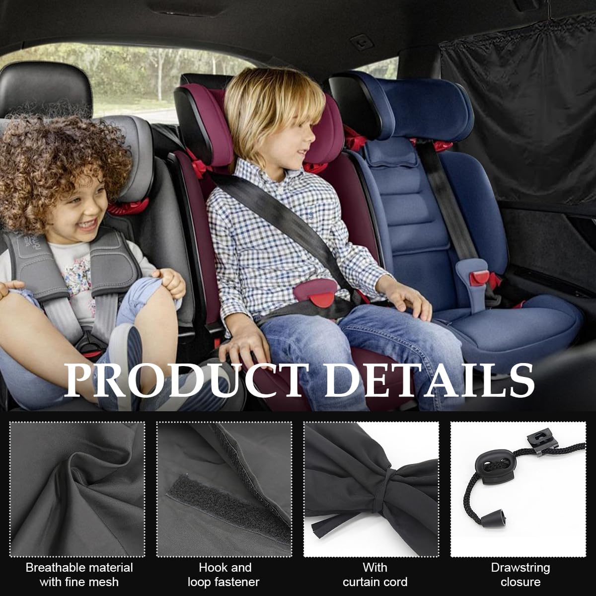 3PCS Car Privacy Curtain, Vehicle Blackout Divider Curtain with 2 Rear Side Window Shades, Car Sunshade Screen Cover Blocks Light for Sleeping Camping Fit Sedan SUV Truck