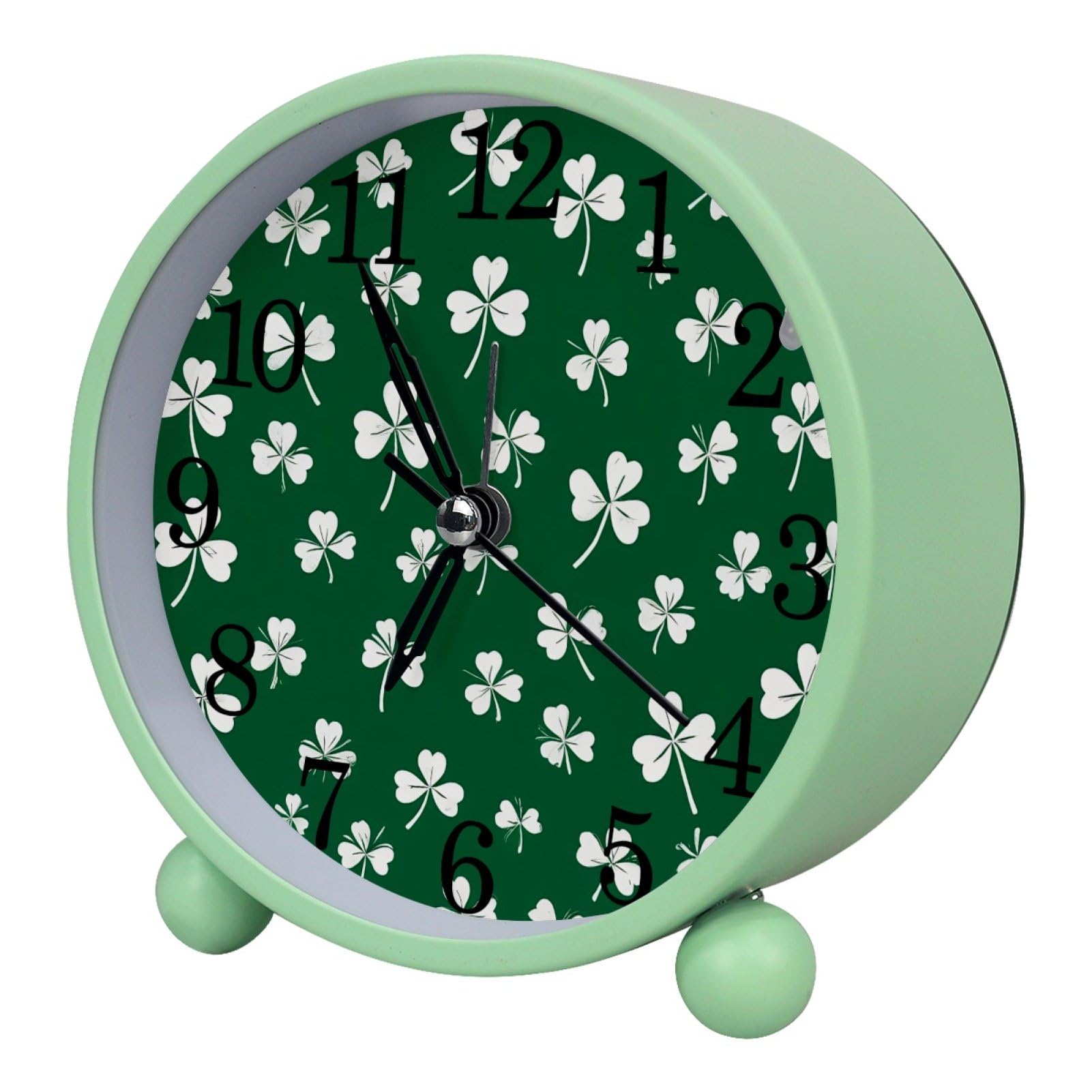 etoenbrc Shamrock Round Battery Operated Bedside Alarm Clock Non-Ticking Desktop Silent Analog Alarm Clock with Light