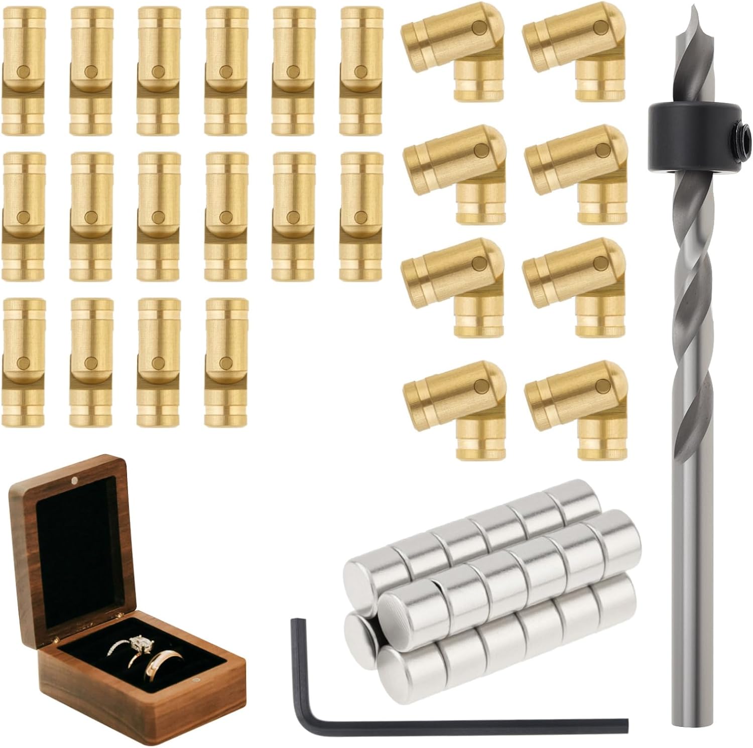 24Pcs 4 mm Hidden Brass Barrel Hinges with 24Pcs Magnets,135 Degree Opening Angle Concealed Small Hinges with Drill Bit, and Depth Stop Collar for DIY Wooden Box Jewelry Ring Box