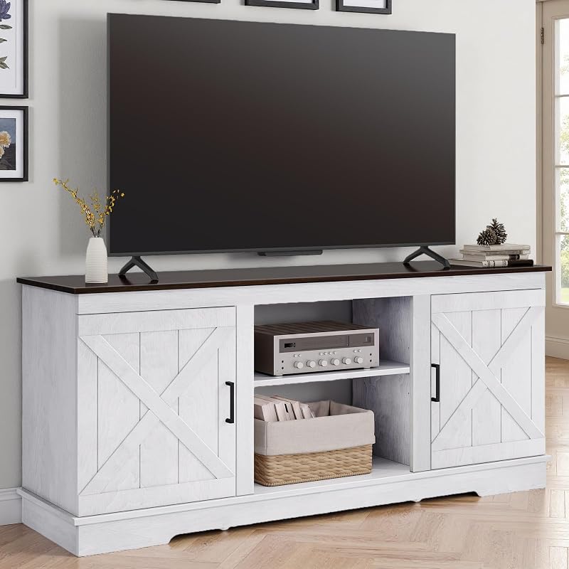 DWVO Farmhouse TV Stand for TVs up to 65, Double Barn Doors, Grey White