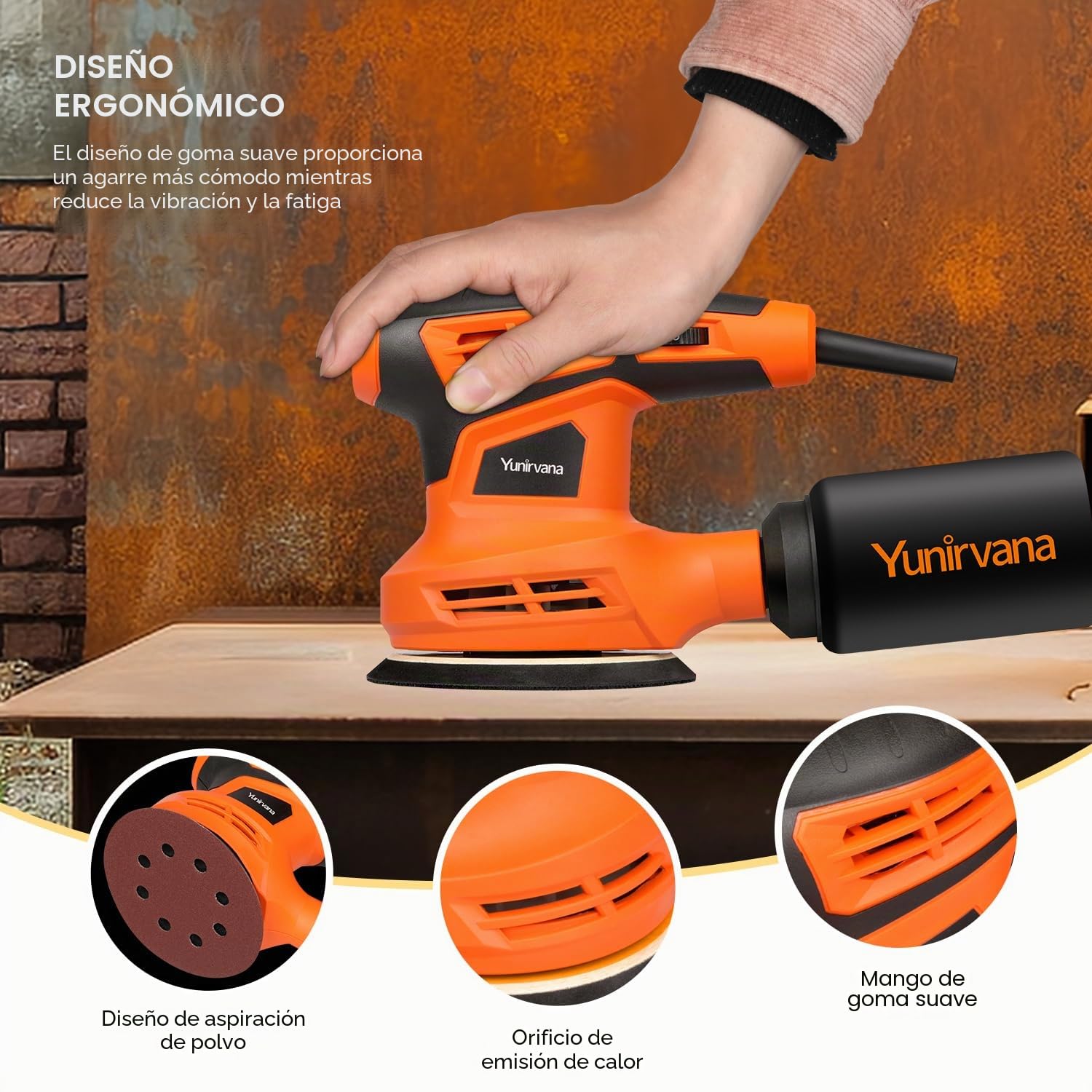 Yunirvana Lijadora Orbital, 280W 13000 RPM Lijadora de Órbita Aleatoria con 15 Hojas de Lija de 125 mm, Lijadora rotorbital de 6 Velocidades Variables con Colector de Polvo, Ideal para Lijado y Pulido