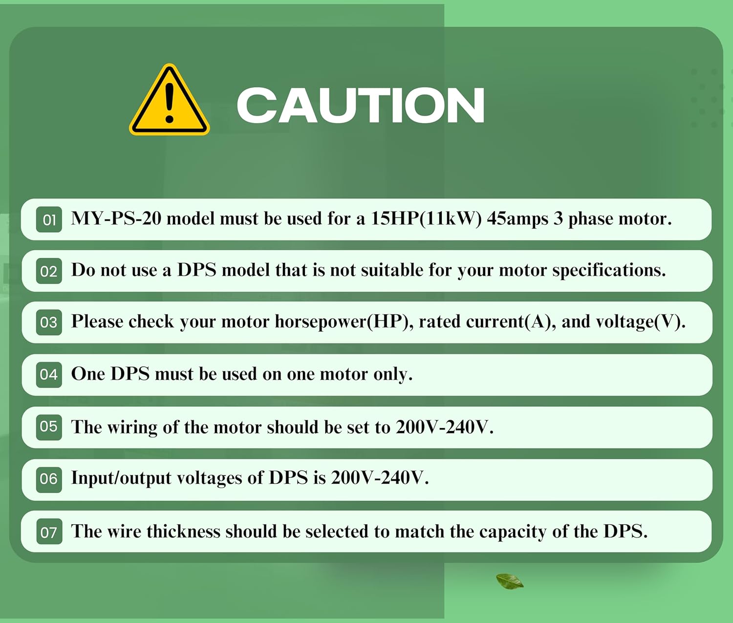 DPS Sinlge Phase to 3 Phase Converter, 20HP, 60A, Input/Output 200V - 240V MY-PS-20 Model Must Be Used for 15HP(11kW) 45A Motor, DPS Must Be Used for 1 Motor Only, UL-Listed