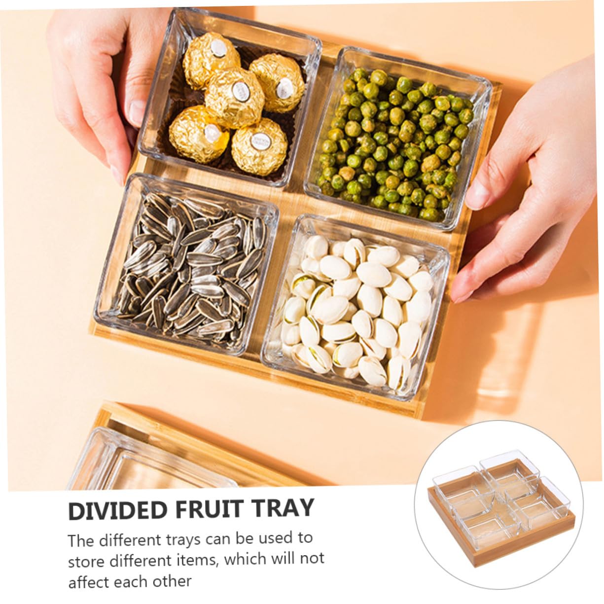 Toyvian Plateau de Service Verre Divisé avec Support Bois Assiette pour Noix et Fruits Secs Plateau Apéritif Multi-compartiments sans Couvercle pour Cuisine et Réception
