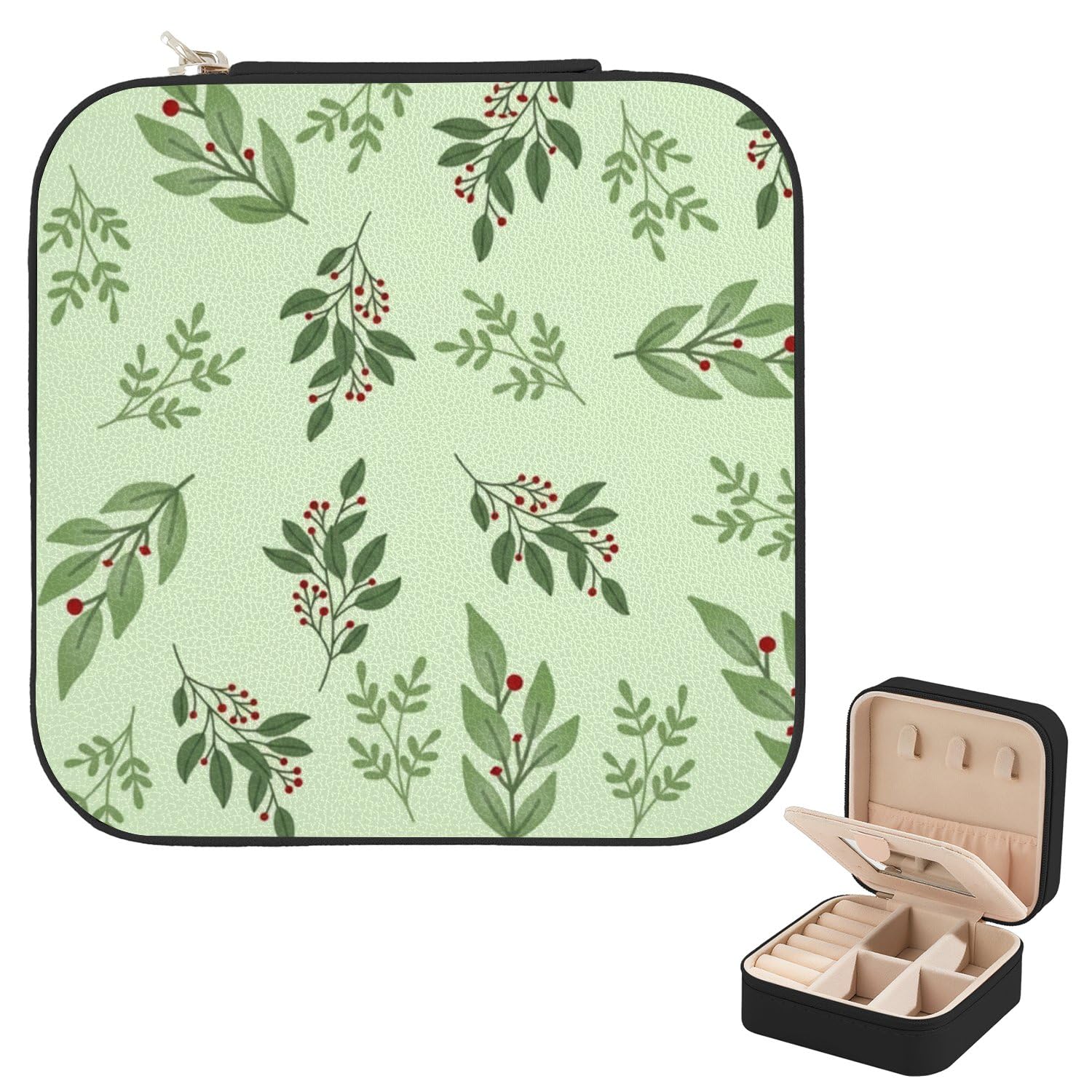 Mint Green White Leaf Mini Travel Jewelry Case, Travel Jewelry Box With Mirror, Organizer For Rings Necklaces, Mini Essentials Gift For Women Bridesmaid Birthday