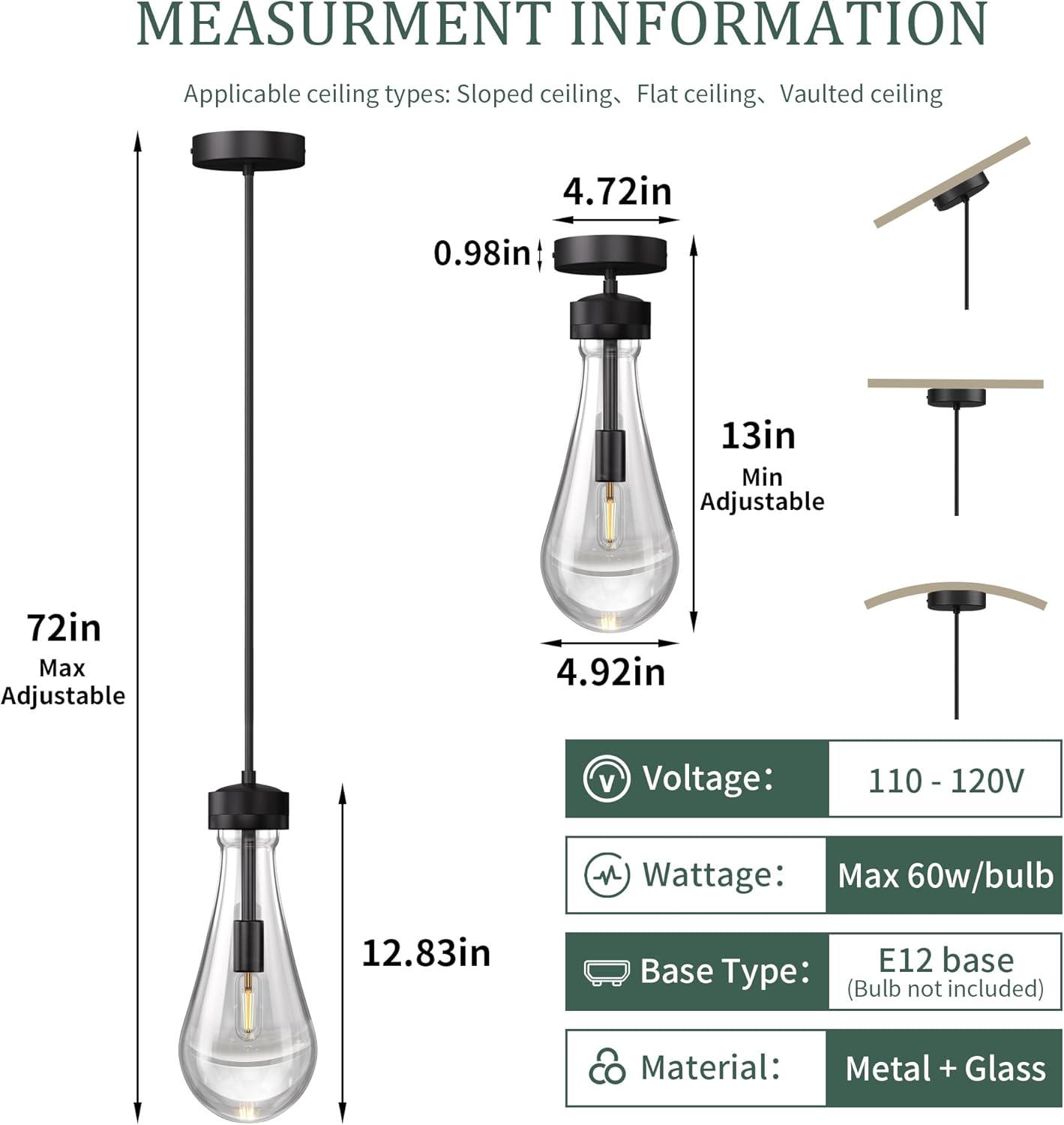 Espird Raindrop Pendant Lights - Matte Black Pendant Lights Kitchen Island, Teardrop Island Pendant Light for Kitchen Modern Chandelier for Bedroom Bathroom Living Room