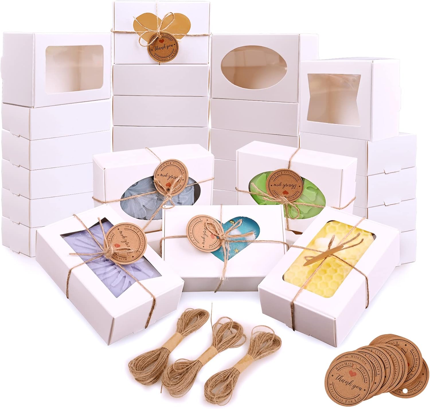 Moukiween 32 PCS White Soap Boxes for Homemade Soap, 3.54 X 2.36 X 1.18 Inch Soap Packaging Gift boxes with Window, Small Rectangular Soap Wrapping Boxes (White) 3.54 X 2.36 X 1.18 Inch White 32 PCS