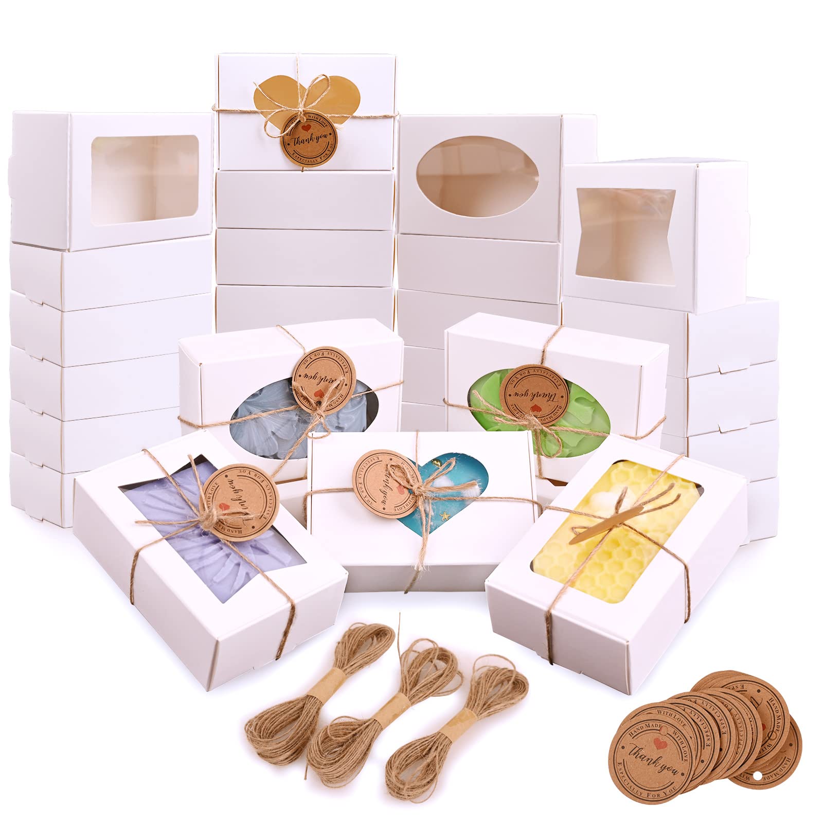 Moukiween 32 Pcs Soap Boxes for Homemade Soap,3.54 X 2.36 X 1.18 Inch Soap Boxes with Window,Kraft Soap Packaging Boxes Supplies(White)