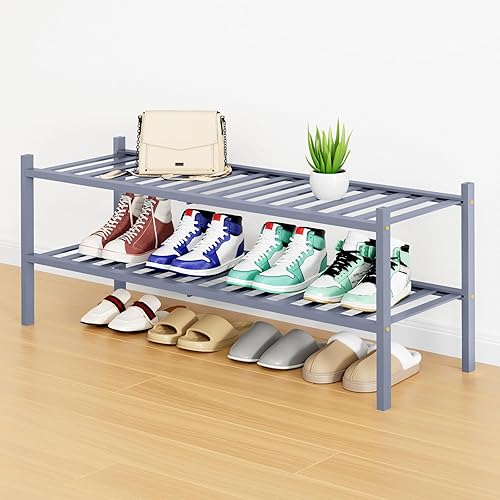 Miniatura 149 de Smiry Estante para zapatos, organizador de zapatos de bambú de 2 niveles, estante de almacenamiento de zapatos de madera apilable independiente para