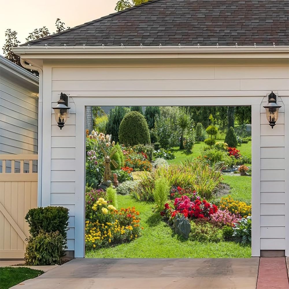 Leyiyi 7x16ft Garden Garage Door Decoration Banner Spring Summer Park Colorful Flowers Green Plants Grassland Garden Nature Scenery Garage Backdrop for Tea Party Indoor Outdoor Wall Door House Decor