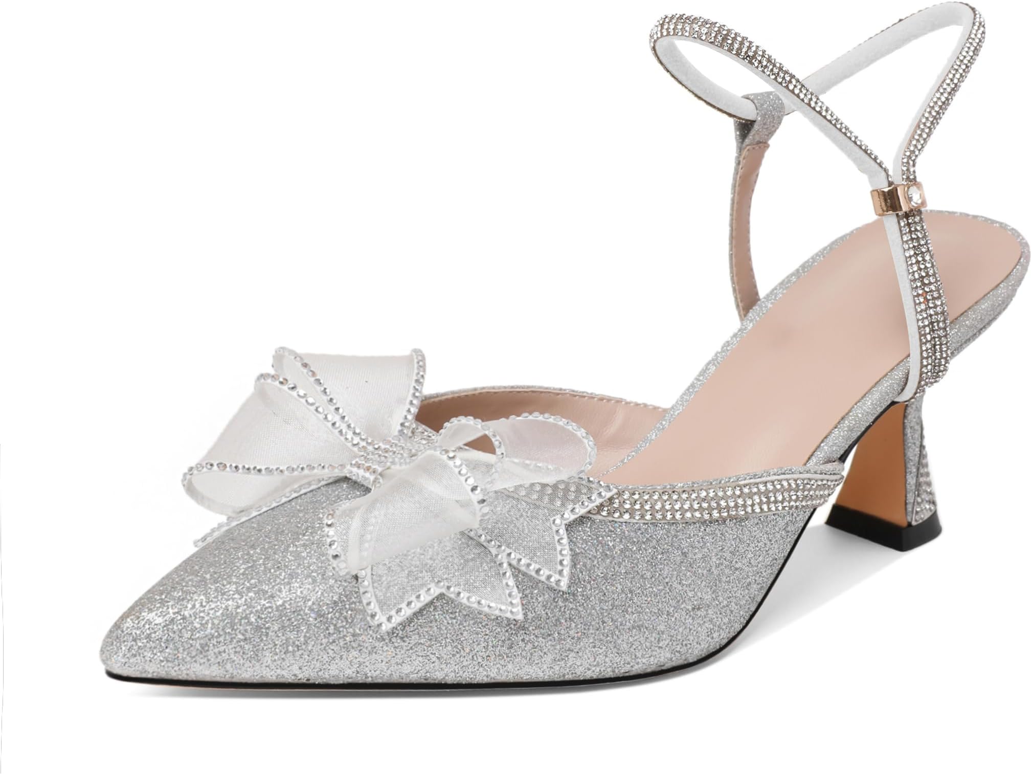 Rhinestone Bow Heels Women Pointed Toe Low Heel Pumps Adjustable Ankle Strap Wedding Bridal Party Shoes