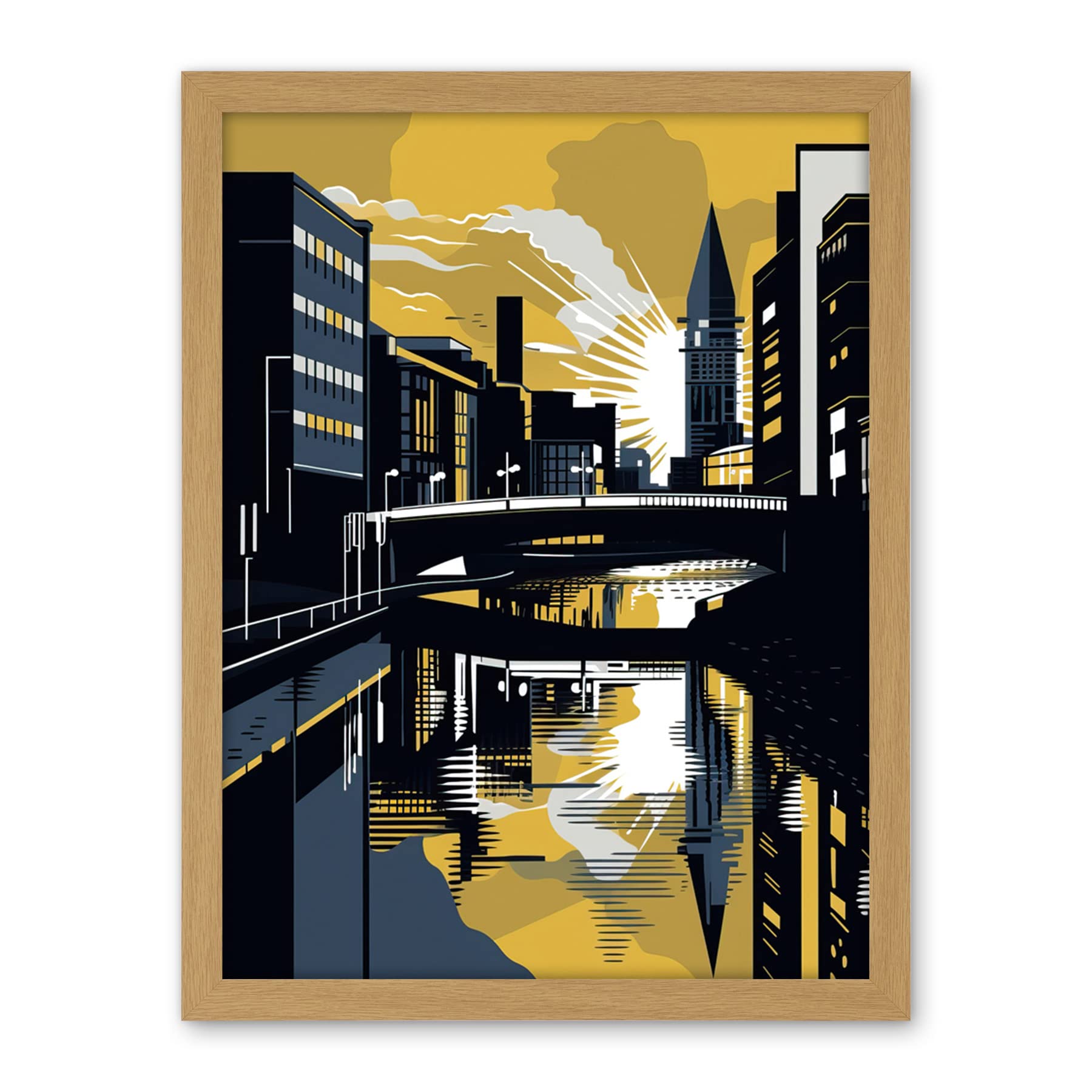 Artery8 Glasgow Scotland River Cityscape Sunrise Geometric Artwork Framed Wall Art Print 18X24 Inch