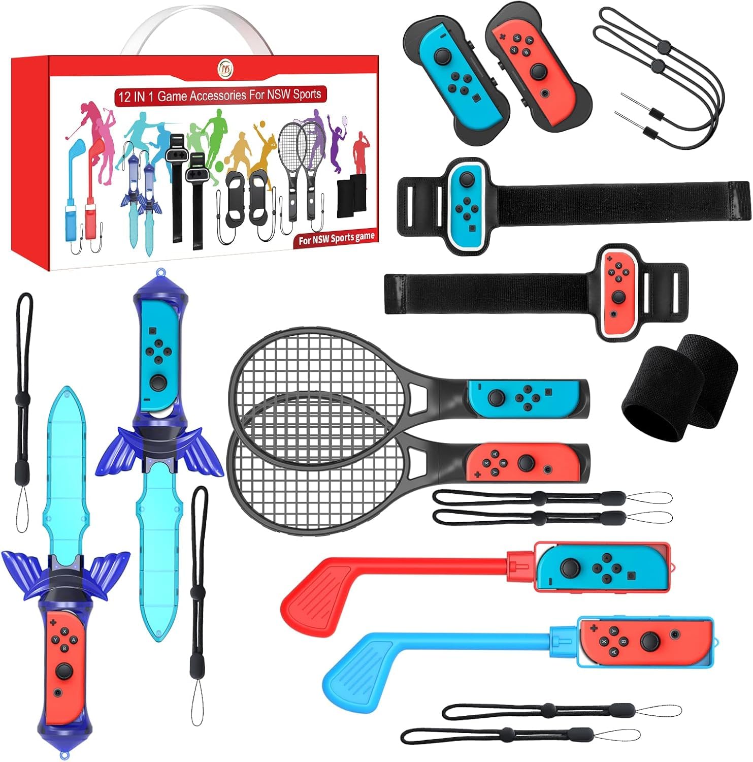 Switch Sport zubehör Bundle - Nargos 12-in-1-Set für Switch & Switch OLED: Joy-Con-Griffe für Mario Golf Super Rush, Handgelenkbänder & Beinhalterungen, komfortable Griffhülle und Tennis-Schläger