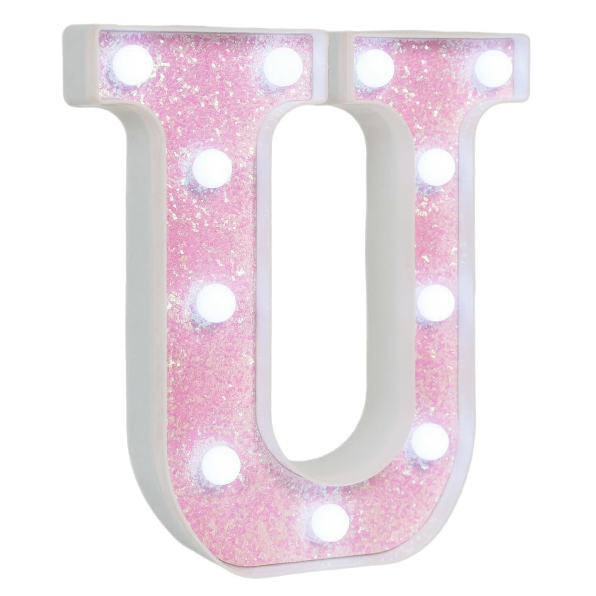 EUFONY Pink Glitter Marquee Light Up Letters, Battery Powered LED Alphabet Letter Lights Sign for Birthday Party Table Decorations, Wall Decor for Girls Room, Pink Initial Letter U w/Cool White Lights