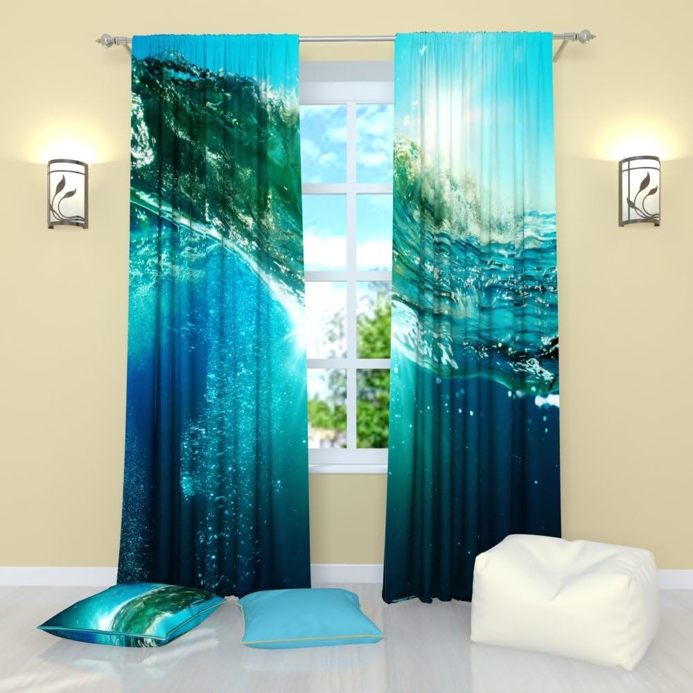Factory4me Sea Curtains Collection Mighty Ocean. Window Curtain Set of 2 Panels Each W52 x L96 Total W104 x L96 inches Drapes for Living Room Bedroom Kitchen