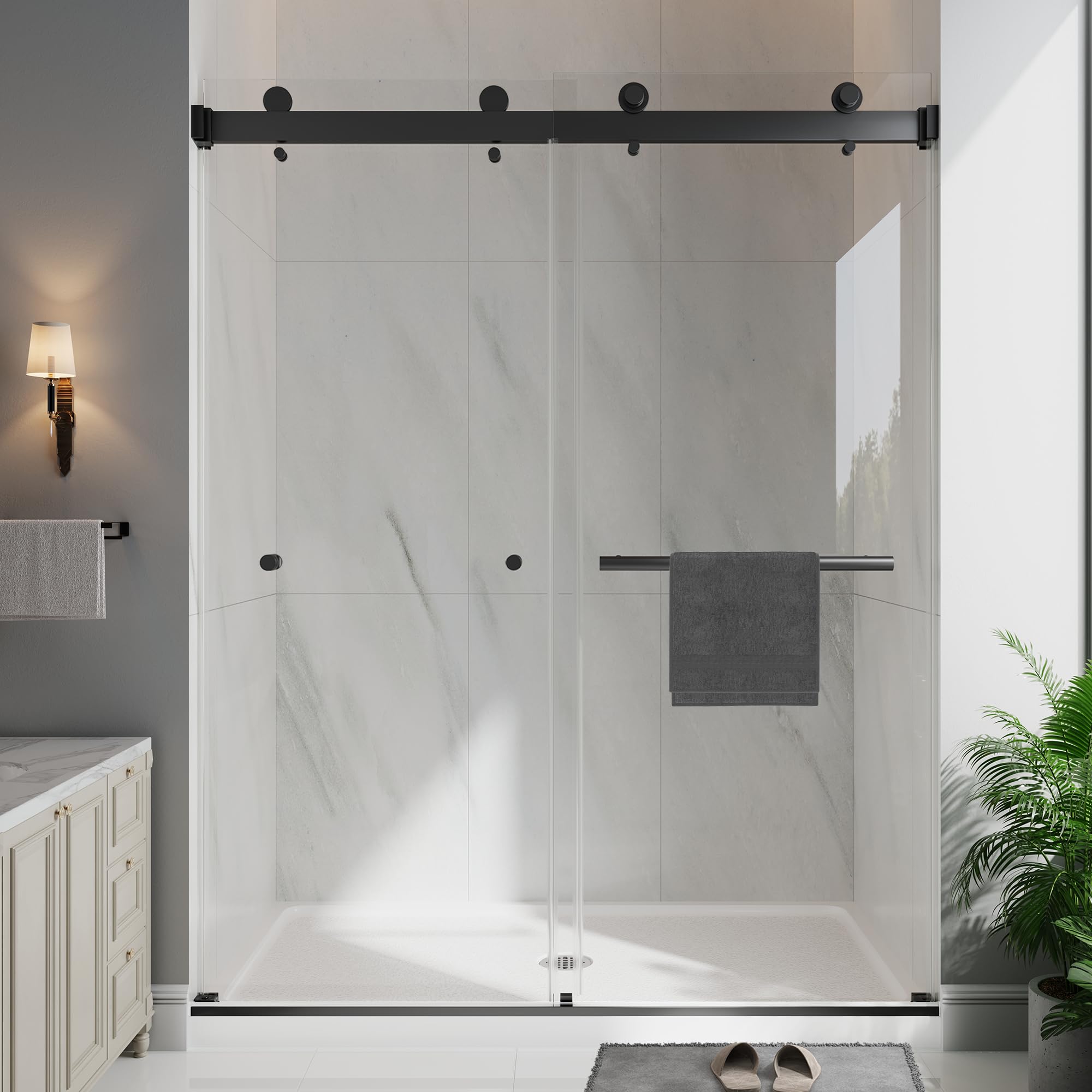 Photo 1 of ******** SEAL BY COMPANY******* EASYWORC Frameless Double Sliding Shower Doors, 55-60" W x 76" H Shower Glass Door, 1/4" (6mm) Thick ANSI Certified Tempered Glass with Explosion-Proof Film and Nano Coating, Matte Black