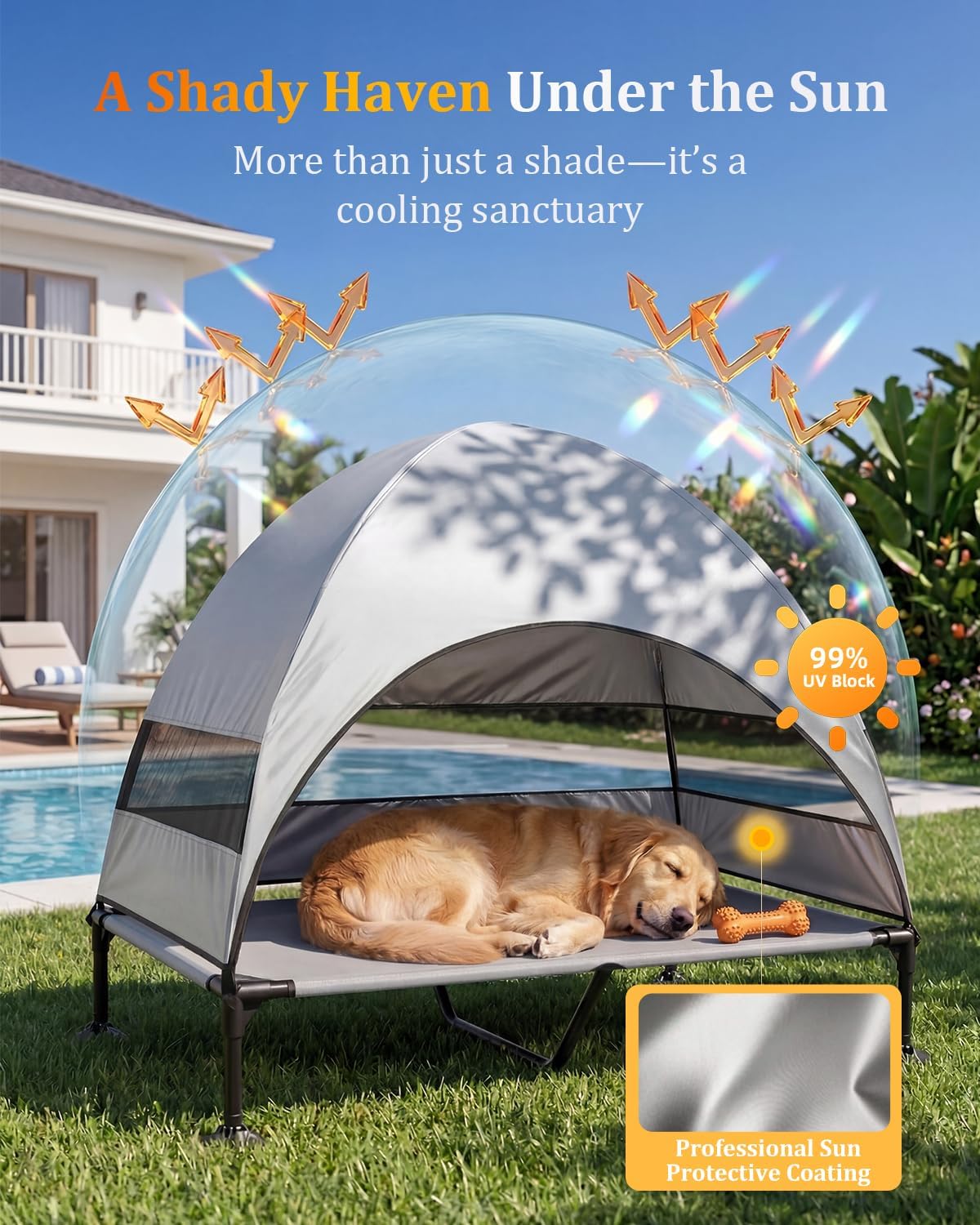 Elevated Outdoor Dog Bed with Canopy, Raised Dog Cot with Stable Adjustable Feet, Dog Camping Bed with Larger Shade, Lifted Dog Tent Bed with Canopy for Outside