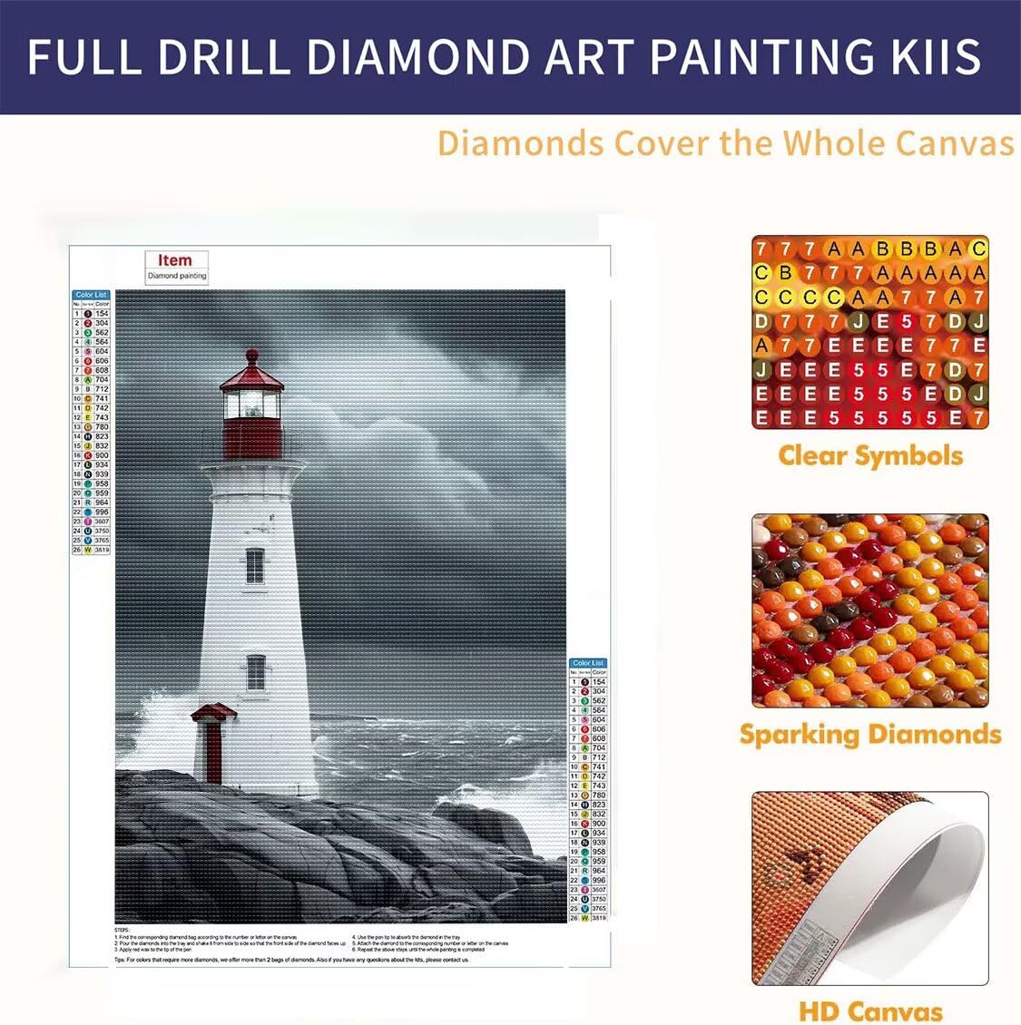 Diamond Painting lighthouse Pintura de Diamante para Adultos y Niños, Diamond Painting Kit Completo Accesorios DIY 5D Cuadro Punto de Cruz Bordados Manualidades Decoracion Hogar Pared 90x120 cm u-133