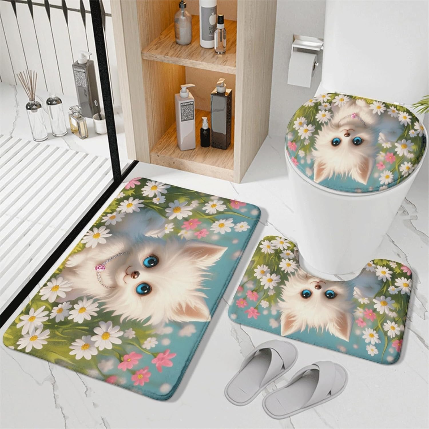 Set di tappetini da Bagno 3 Pezzi Blu Carino Floreale Antiscivolo per Bagno Tappeto Lavabile in Memory Foam Tappeto copriwater tappetini a Forma di U 50x80 cm