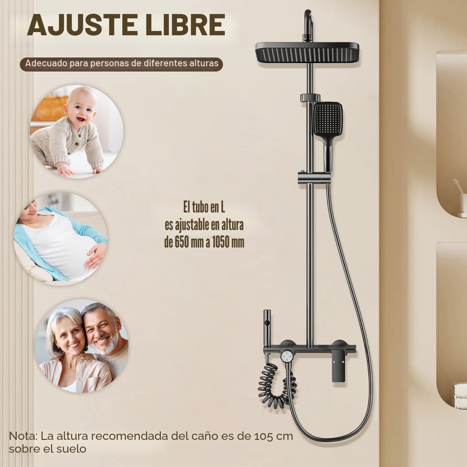 Bostar Columna Ducha con Grifo, 4 Modos Cabezal de Ducha de Lluvia Cabezal de Ducha ABS Altura Regulable 65-105cm