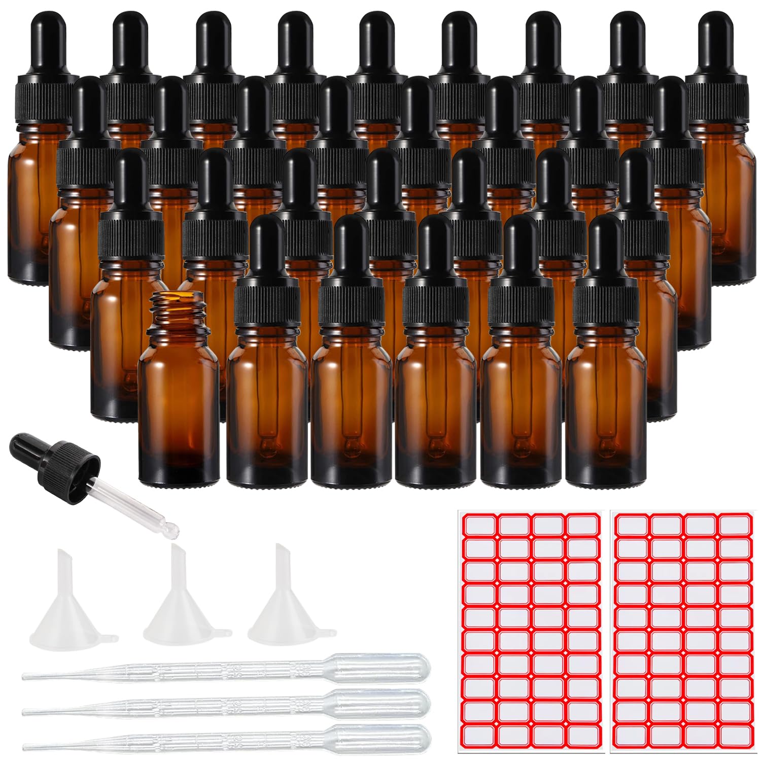 Lot de 30 flacons compte-gouttes en verre ambré de 10 ml avec pipette compte-gouttes vides rechargeables pour huiles essentielles, parfums, liquides