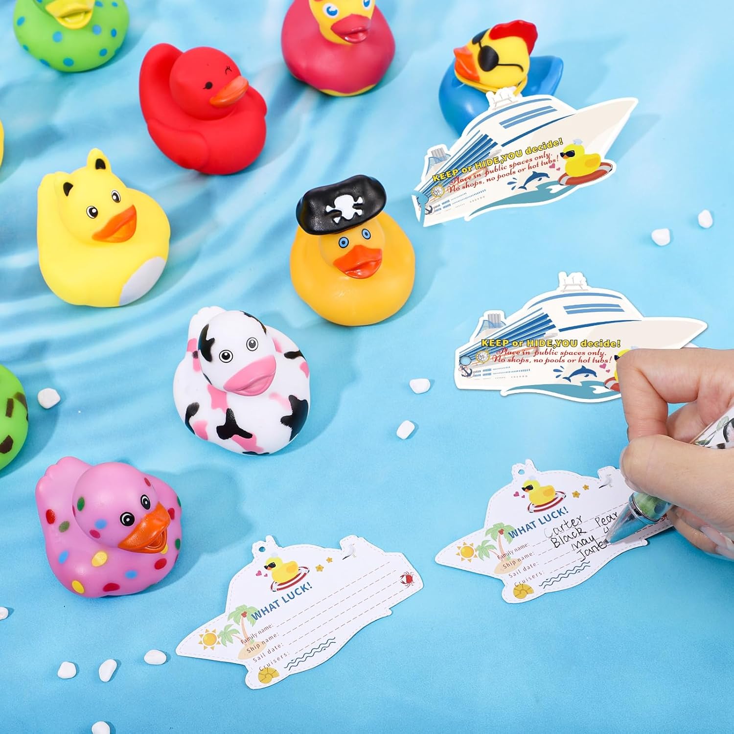 150 Pcs Cruise Ducks Tags Kits Includes 50 Pcs Cruising Ducks with 50 Pcs Cruise Duck Tags and 50 Pcs Rubber Bands Random Assorted Rubber Ducks for Cruise Ship Hiding Ducks