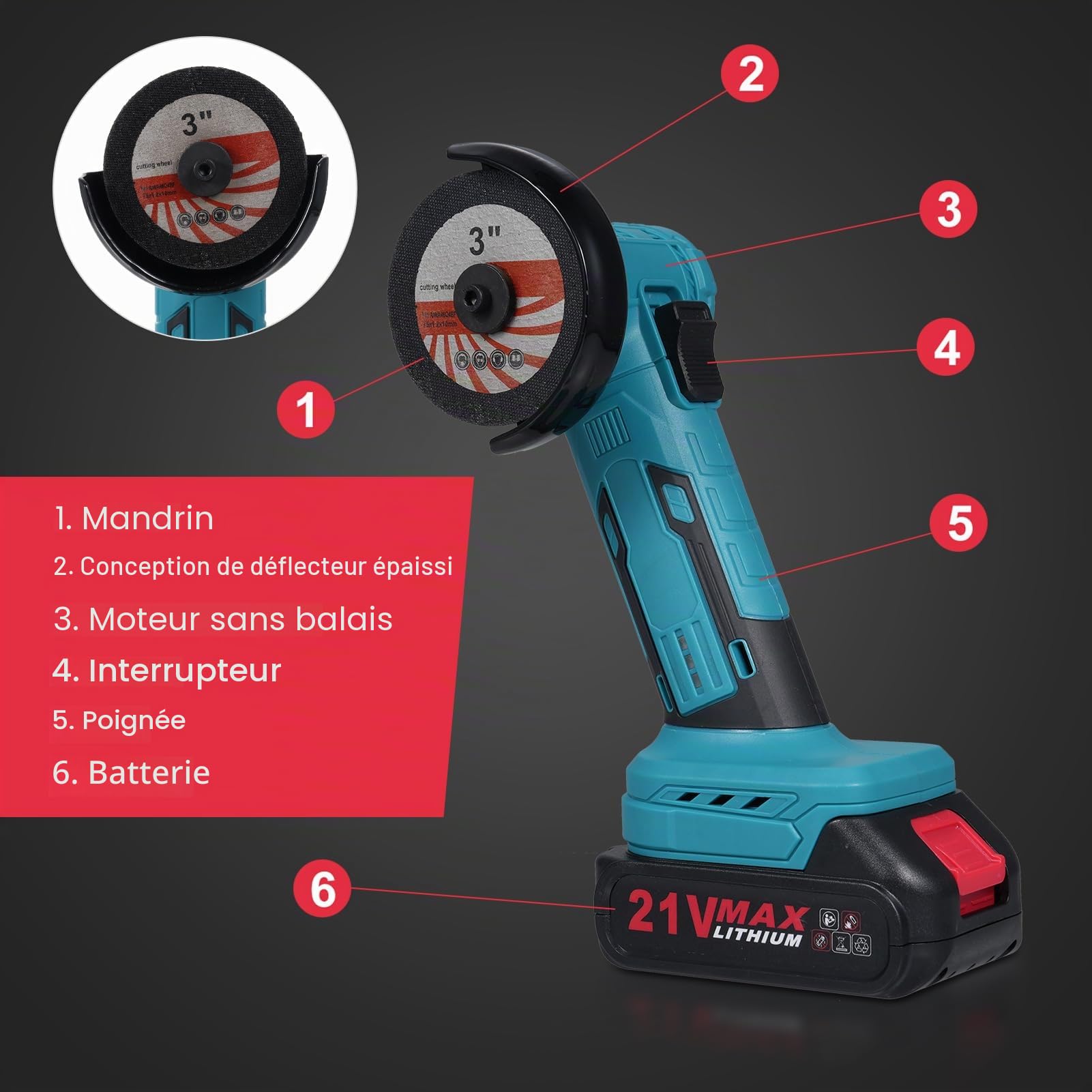 Meuleuse D'angle Sans Fil 21 V,Meuleuse D'angle Sans Balais 19000RPM,Meuleuse D'angle avec 2x1300mAh Batteries et Chargeur,Mini Disqueuse Sans Fil pour découper, meuler et polir