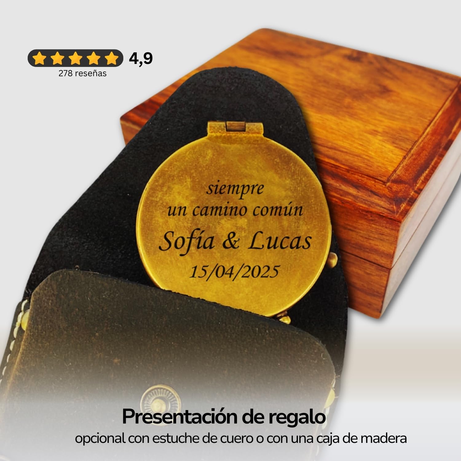 Brújula con tu Texto Personalizado, Funda de Piel o Caja Regalo de Madera Disponible, Vintage