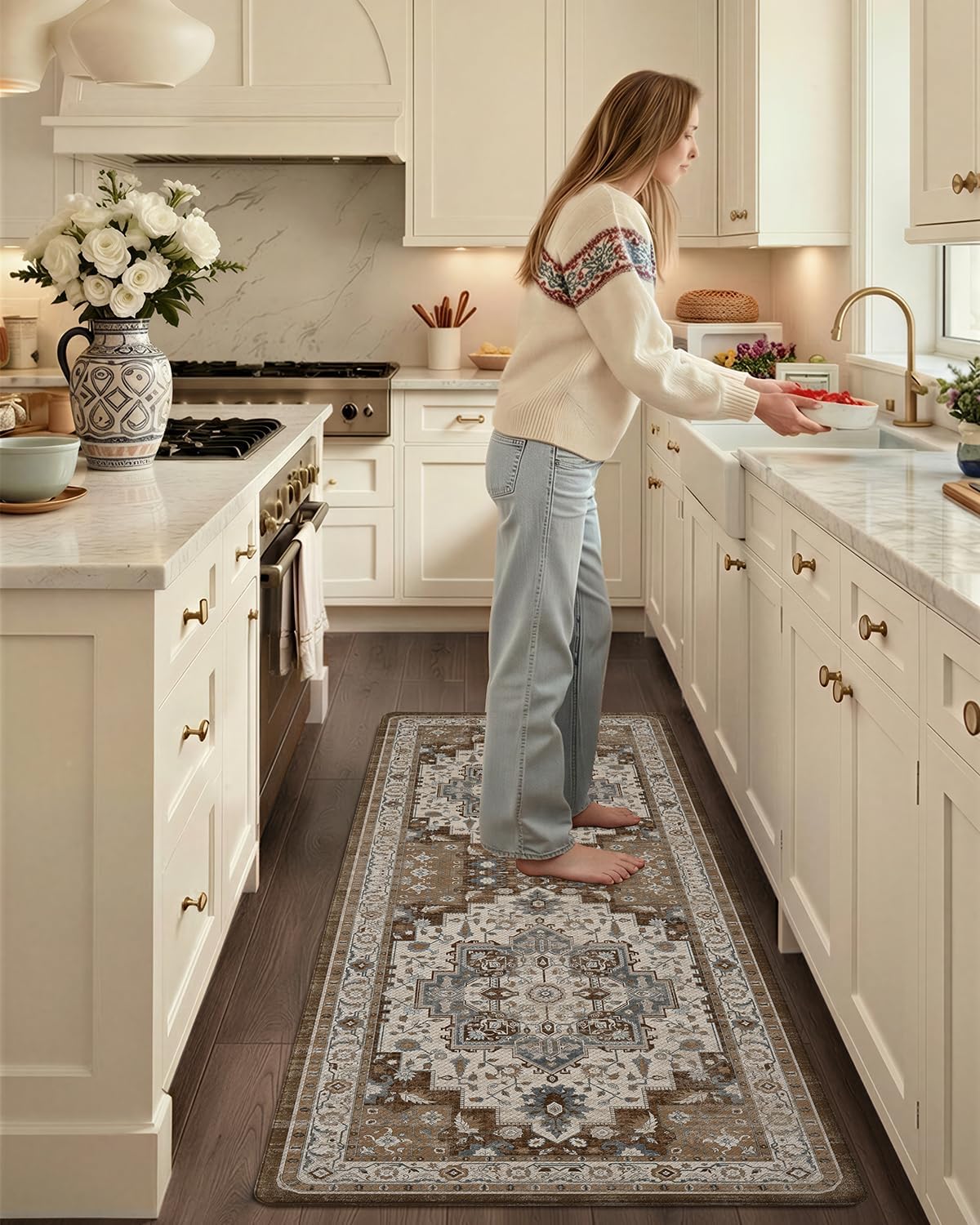 color&geometry anti fatigue kitchen mats for floor 24x59, vintage decor, easy clean, waterproof & oil proof, 0.4" thick cushioned, non-slip kitchen runner rug for sink, laundry, office, brown 59"l x 24"w x 0.4"th vintage-brown