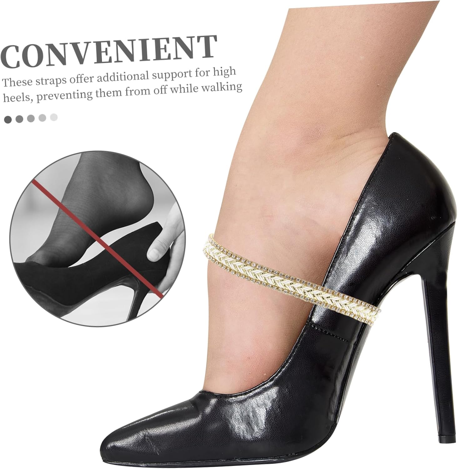 2pairs High Heel Elastic Straps Rhinestones Slip Ankle Bands Convenient No Tie Stretchy Shoe Laces for Women Heels Black Gold