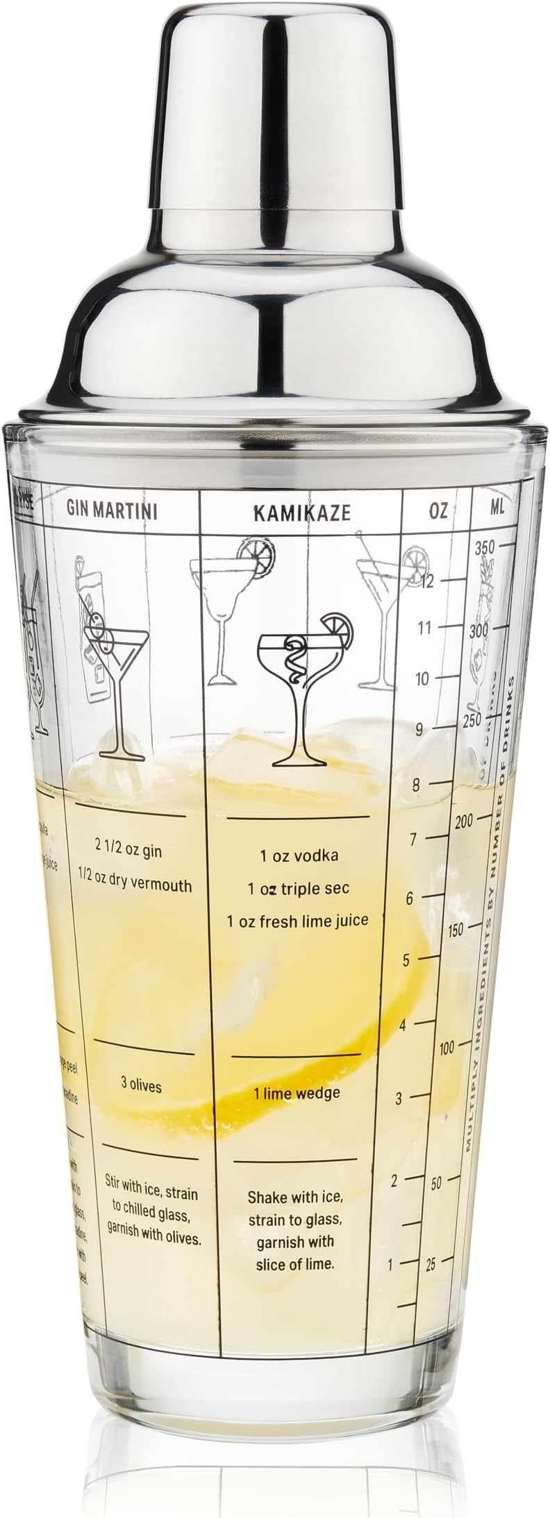 Glass Cocktail Shaker with 7 Classic Recipes and Measurements for Cold Brew Cocktails, Home Bar Accessories, Bar Tools, Bartender Gifts, Hosting Essentials, 13.5 oz, Set of 1, Clear