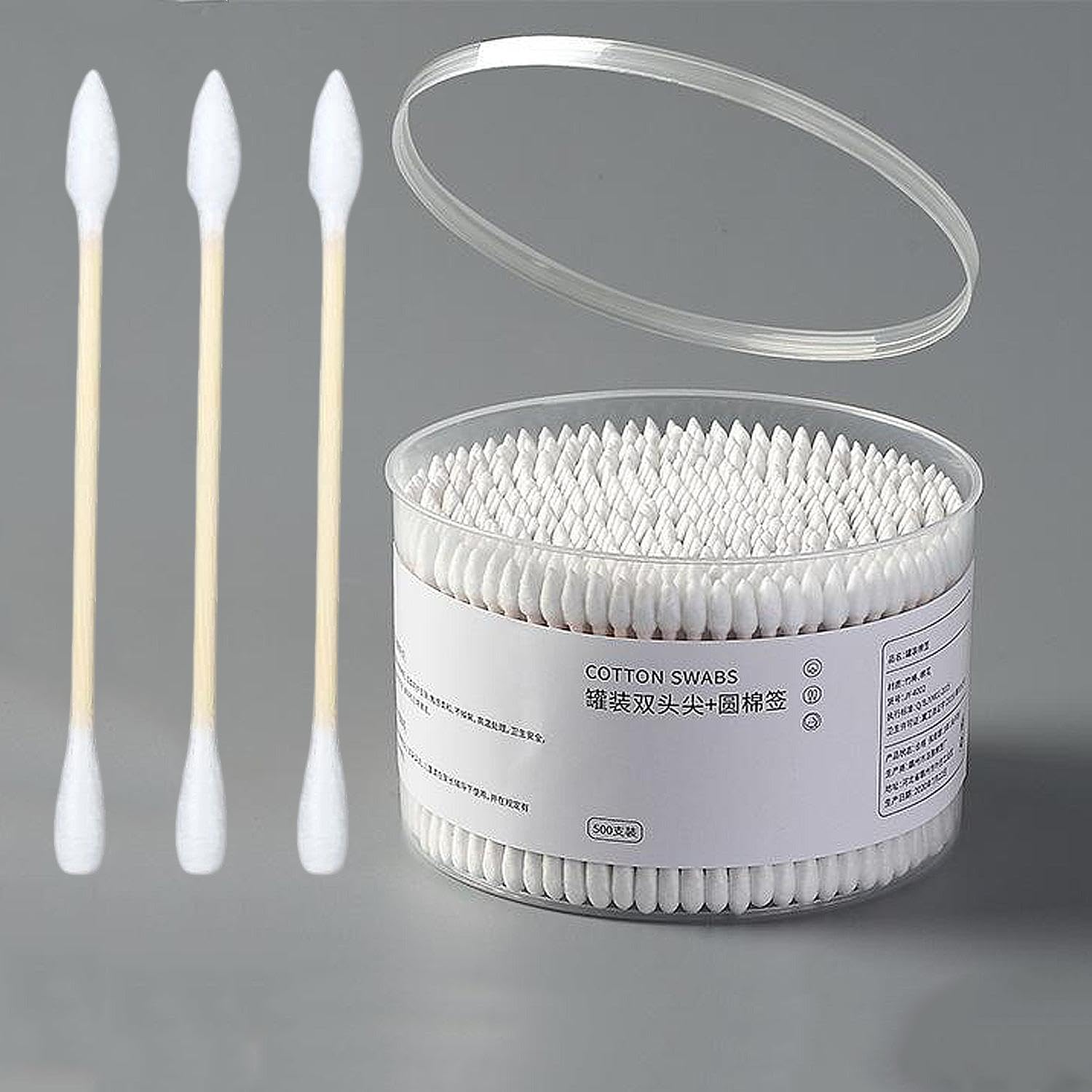 500 Count Cotton Swabs, Double Head Strong Wooden Cotton Tip Sticks Buds for Ears, Cruelty-Free Ear Swabs with Storage Box (Tip+Round)