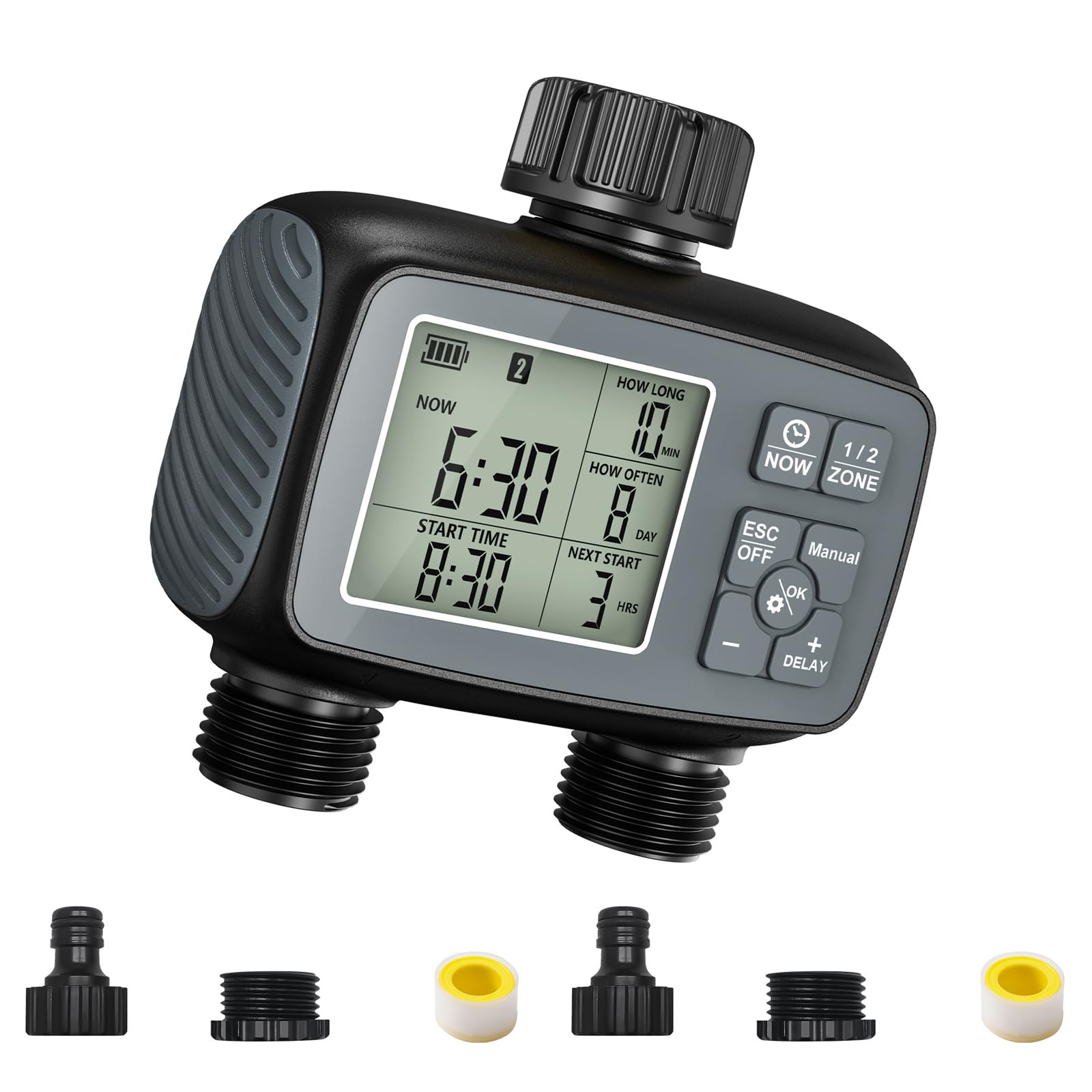 Battery Powered Irrigation Controller with 2 Outlet Hose Timer, LCD 2 Zone Watering Setup and Rain Delay for Garden Yard Routine Planning