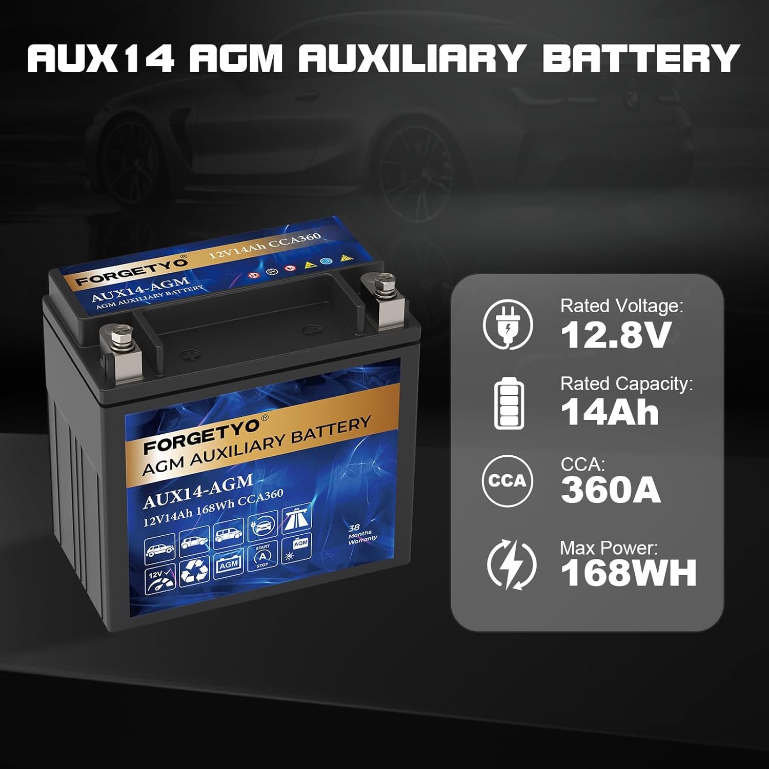 AUX14 Auxiliary Battery, 12V 14 AH AGM Battery, 240 CCA Rechargeable AGM Maintenance Free 38 Months Warranty
